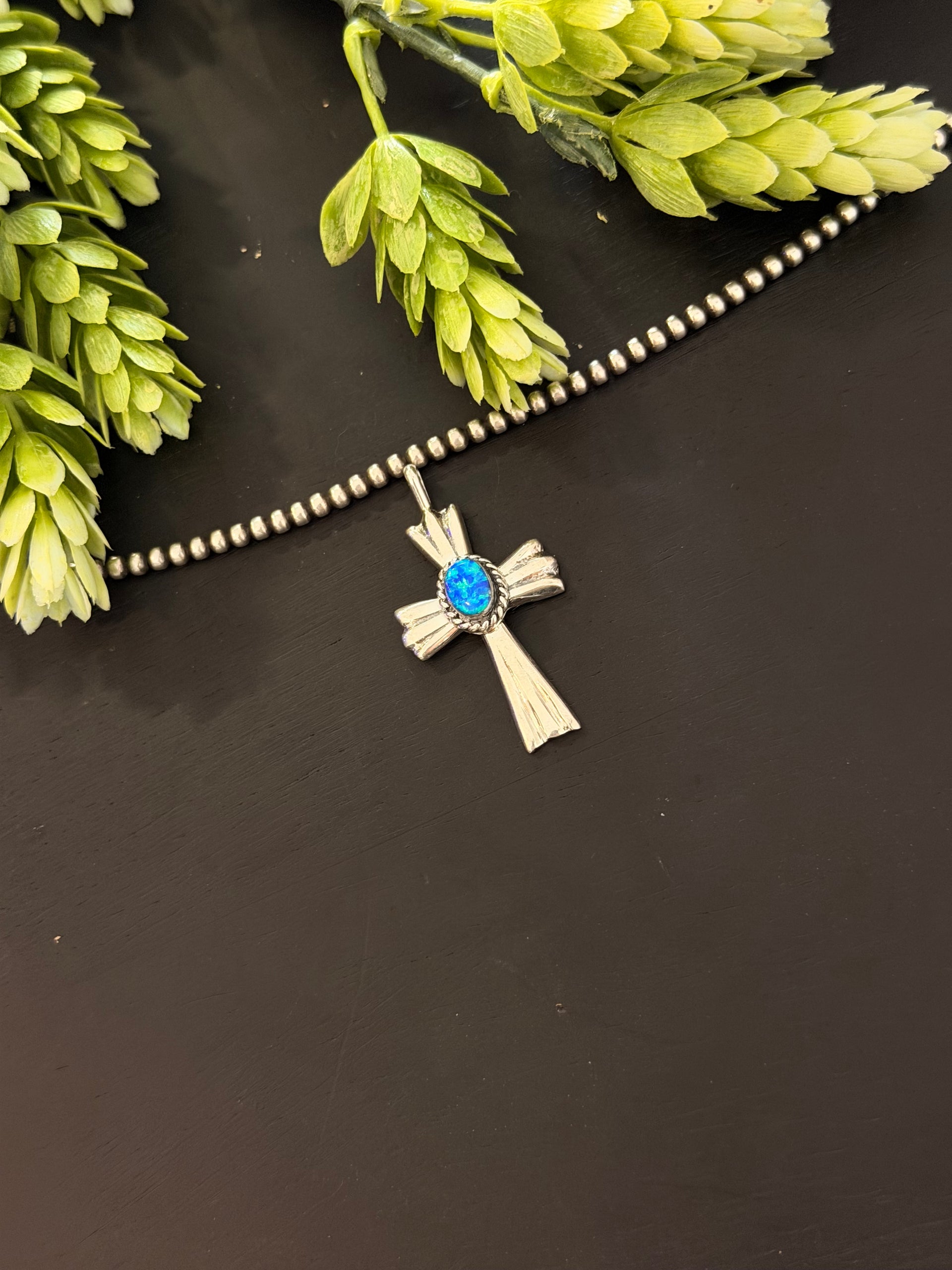 Navajo Made Blue Opal (Man Made) & Sterling Silver Cross Pendant