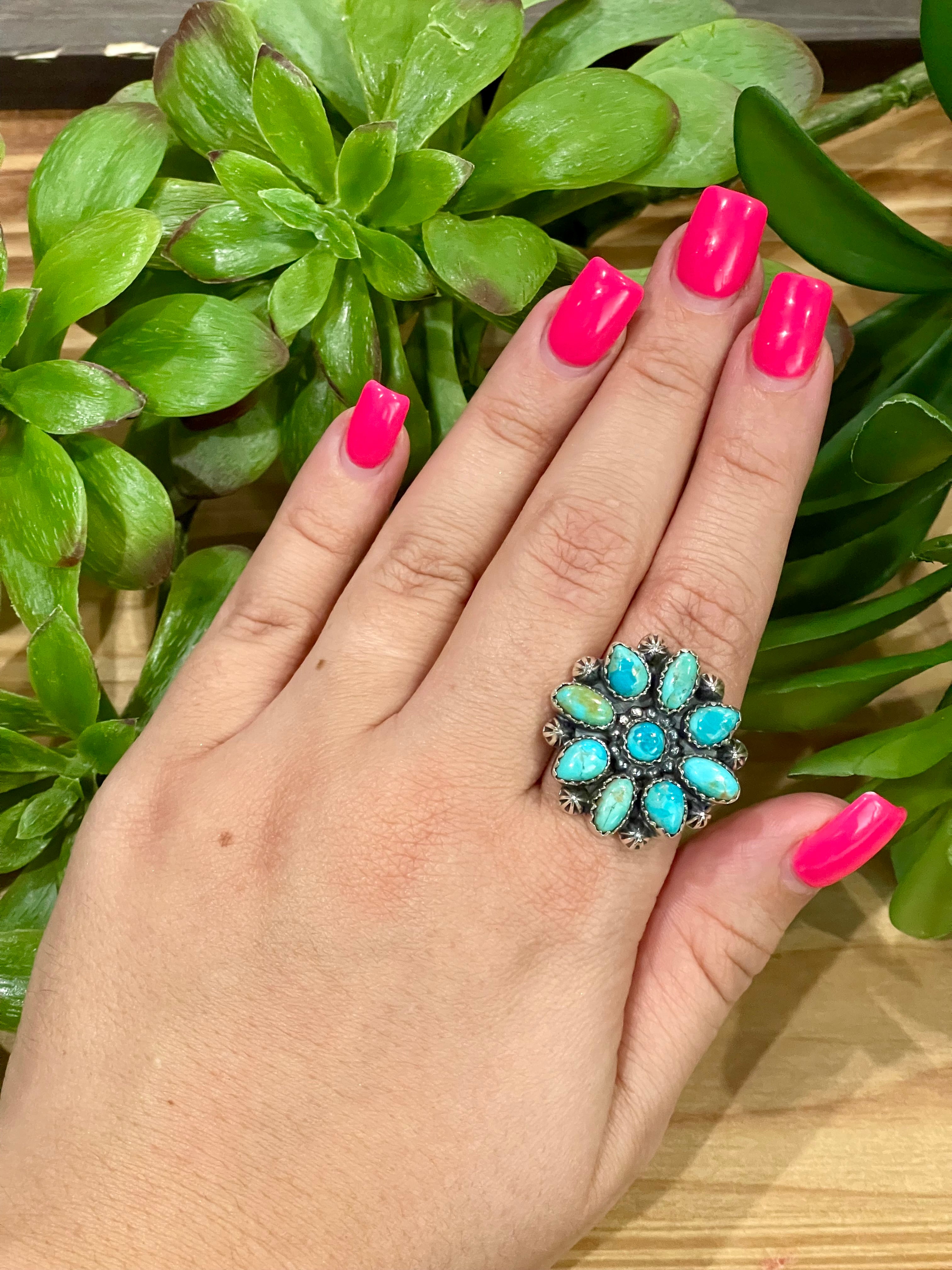 Southwest Handmade Kingman Turquoise & Sterling Silver Adjustable Flower Ring