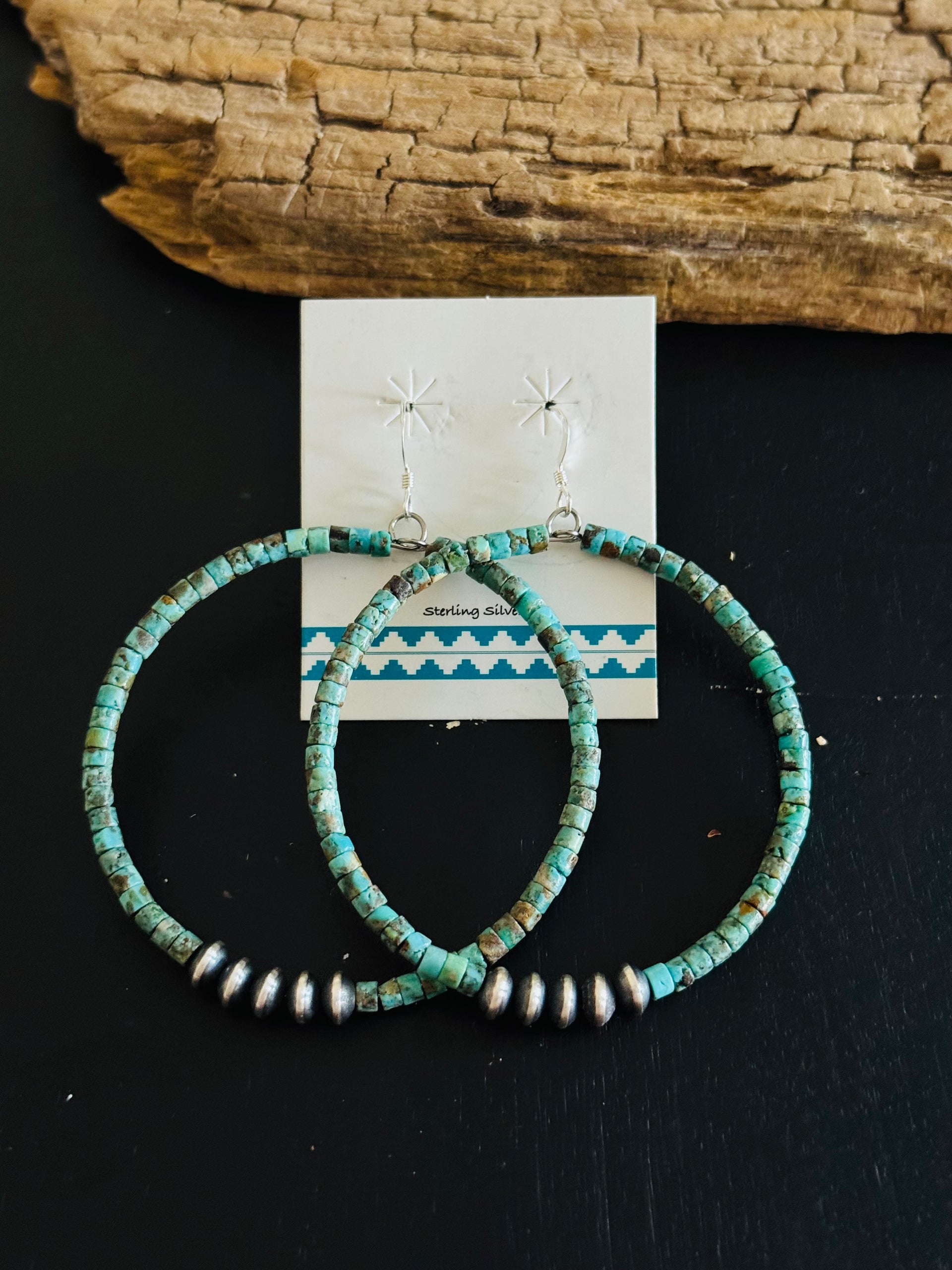 Navajo Made Kingman Turquoise & Sterling Silver Pearls Dangle Hoop Earrings