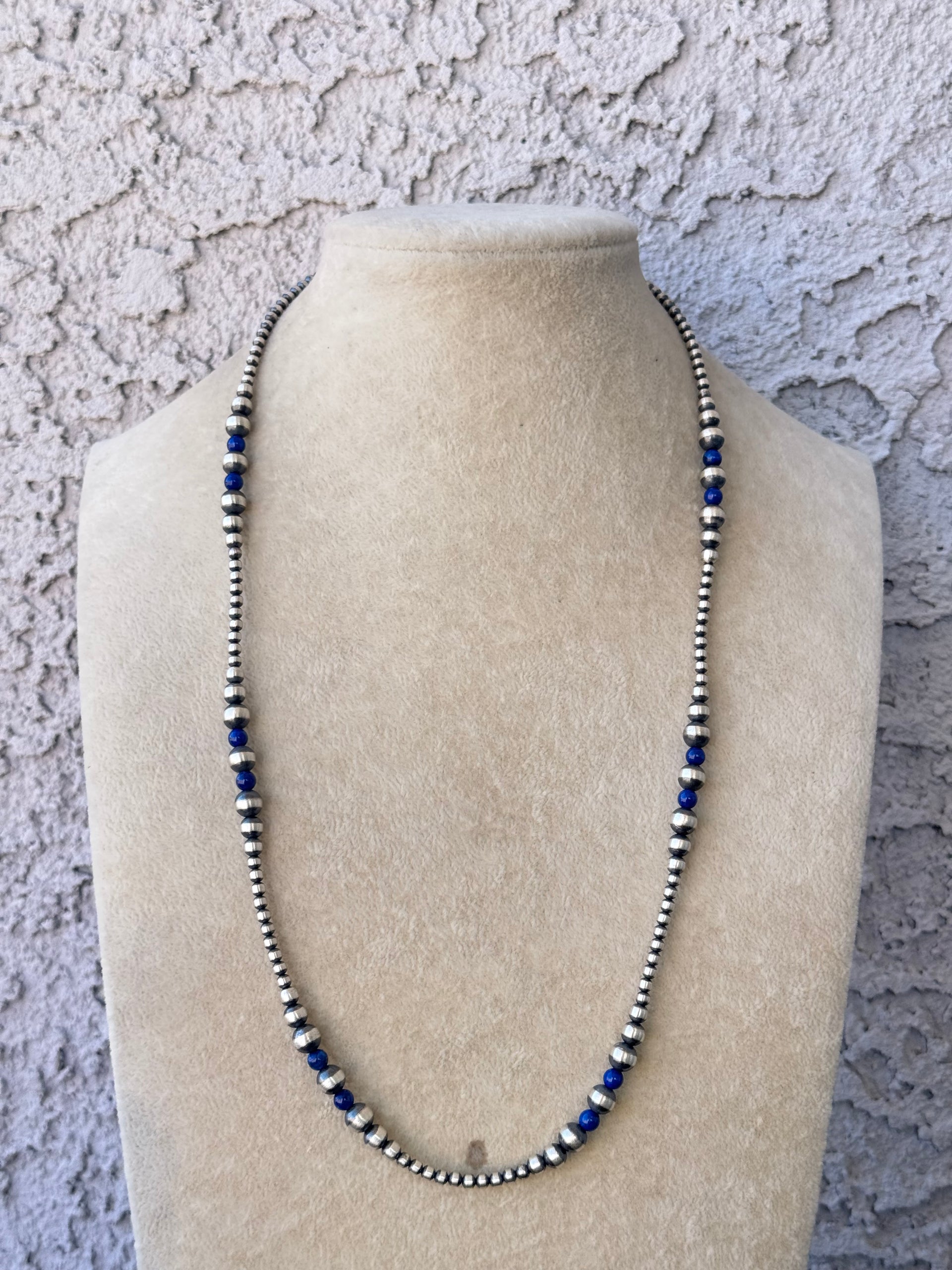 Navajo Strung Lapis & Sterling Silver Graduated Pearl Necklace