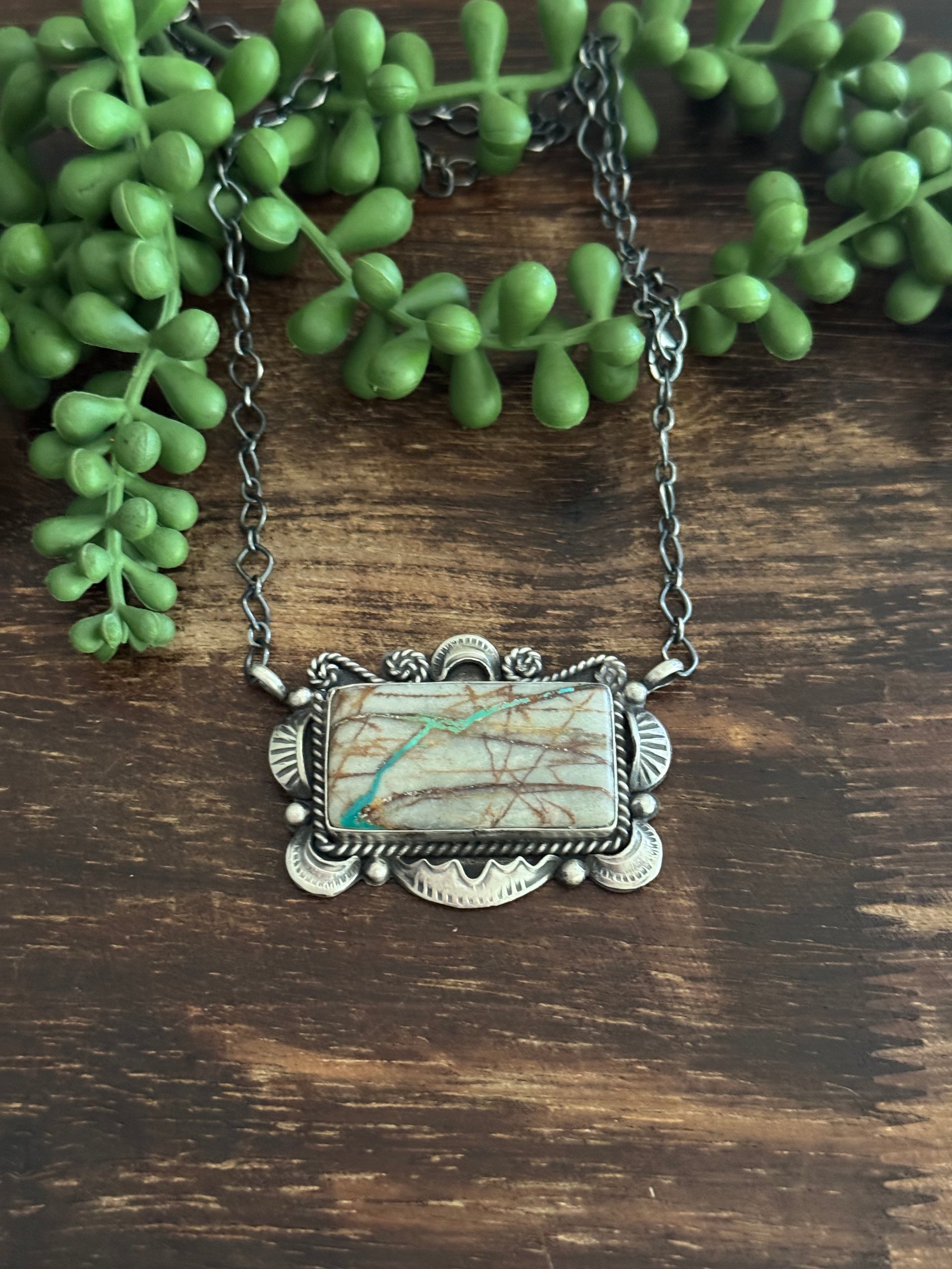 Navajo Made Boulder Turquoise & Sterling Silver Bar Necklace