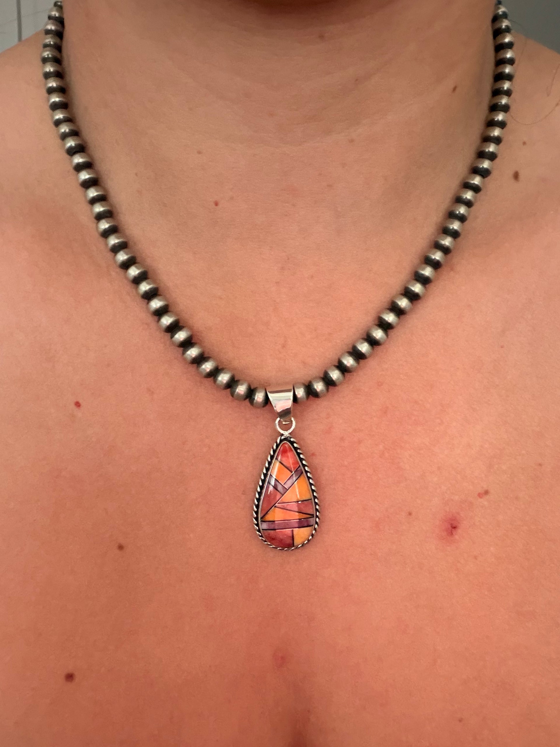 Navajo Made Multi Stone & Sterling Silver Inlay Pendant