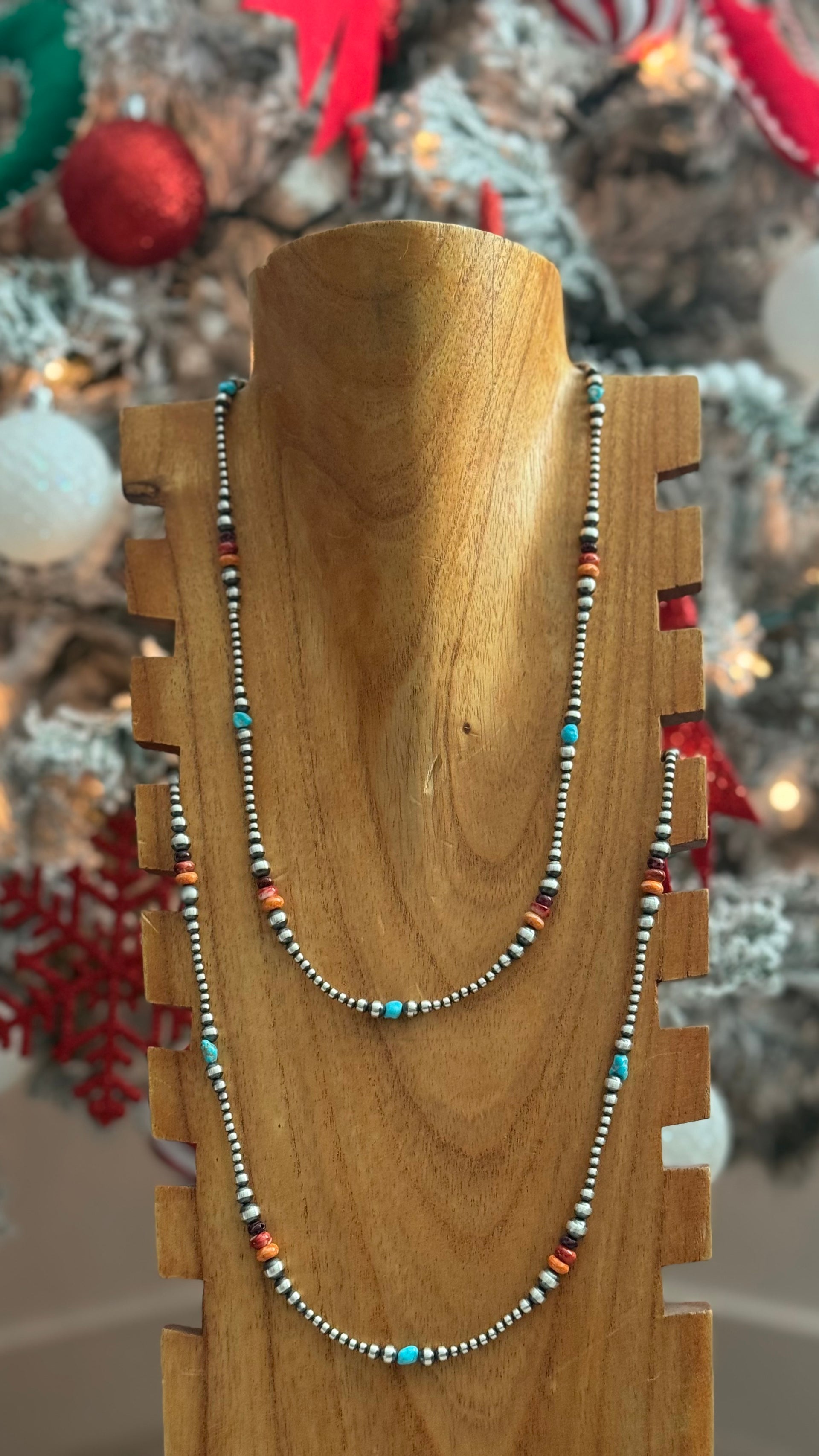 Navajo Strung Multi Stone & Sterling Silver Graduated Pearl Necklace