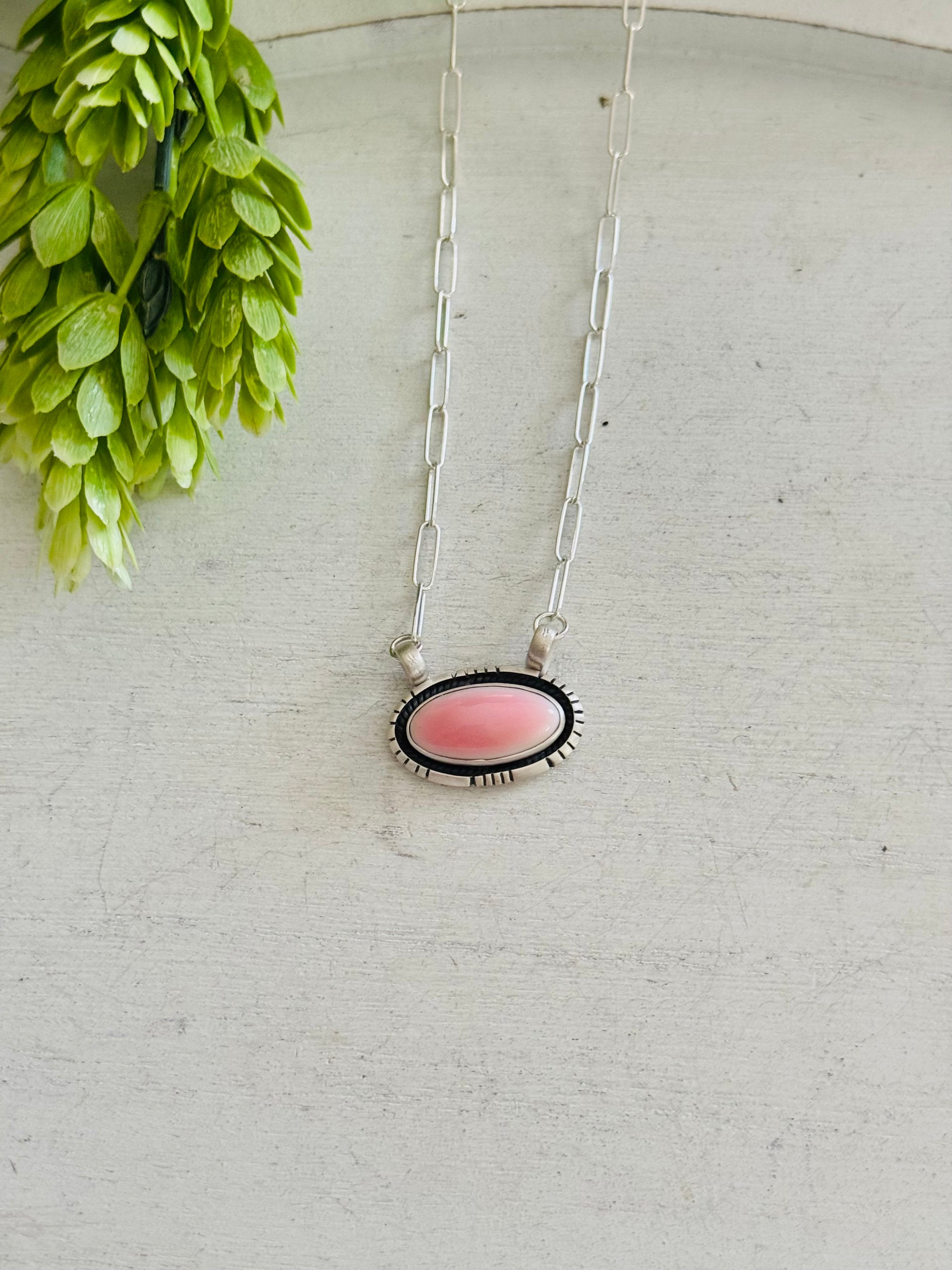 Southwest Made Pink Conch & Sterling Silver Necklace