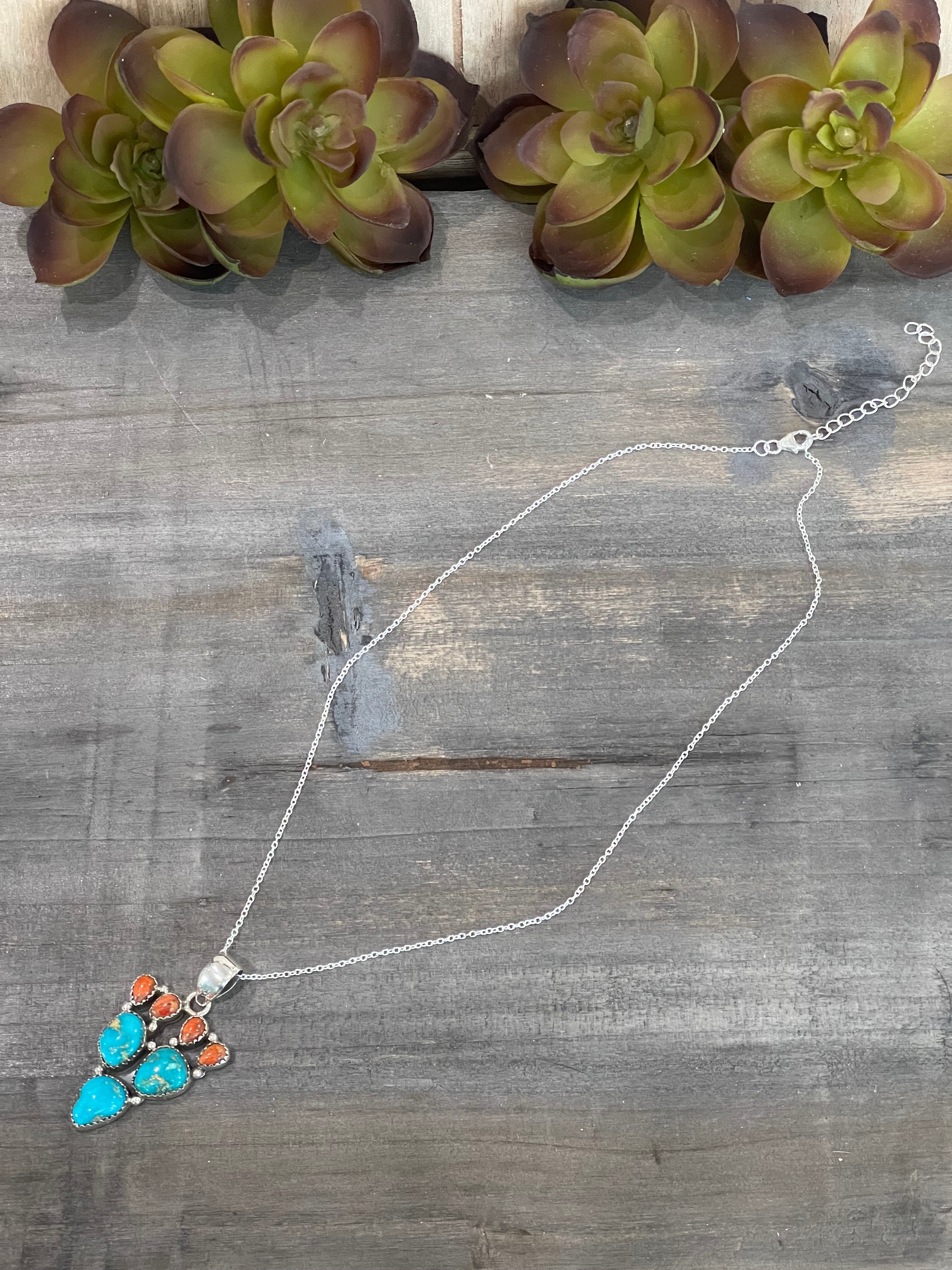 Southwest Handmade Sonoran Mountain Turquoise & Sterling Silver Prickly Pear Necklace