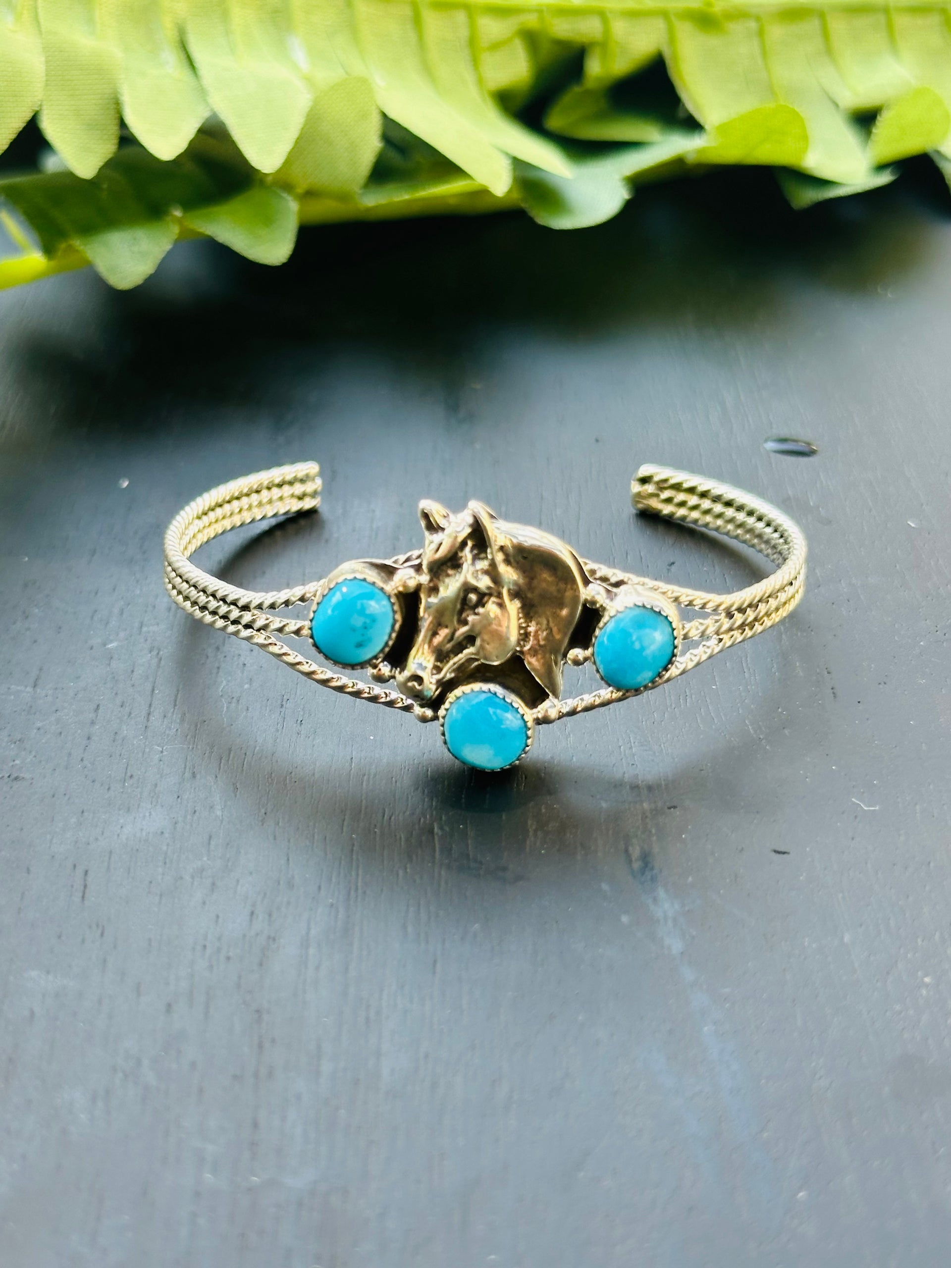 Navajo Made Sleeping Beauty Turquoise and Sterling Silver Horse Cuff Bracelet