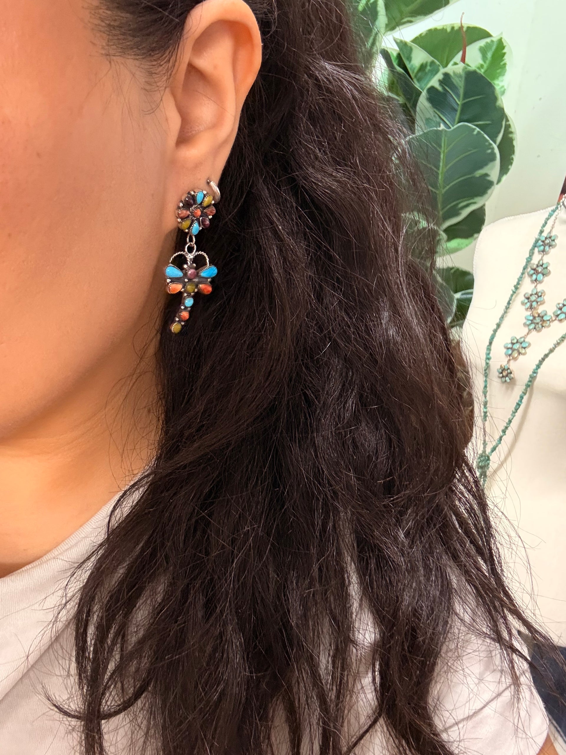 Southwest Handmade Multi Stone & Sterling Silver Post Dragonfly Earrings