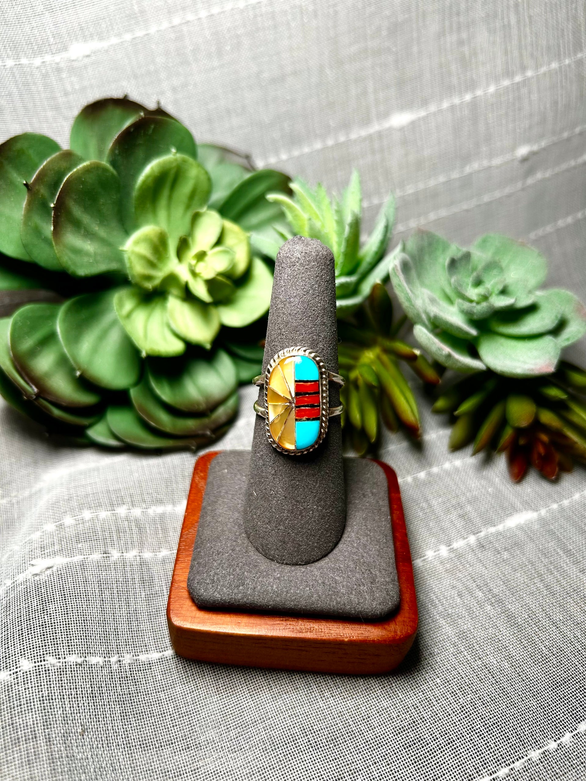 Zuni Made Multi Stone & Sterling Silver Ring Size 7.75