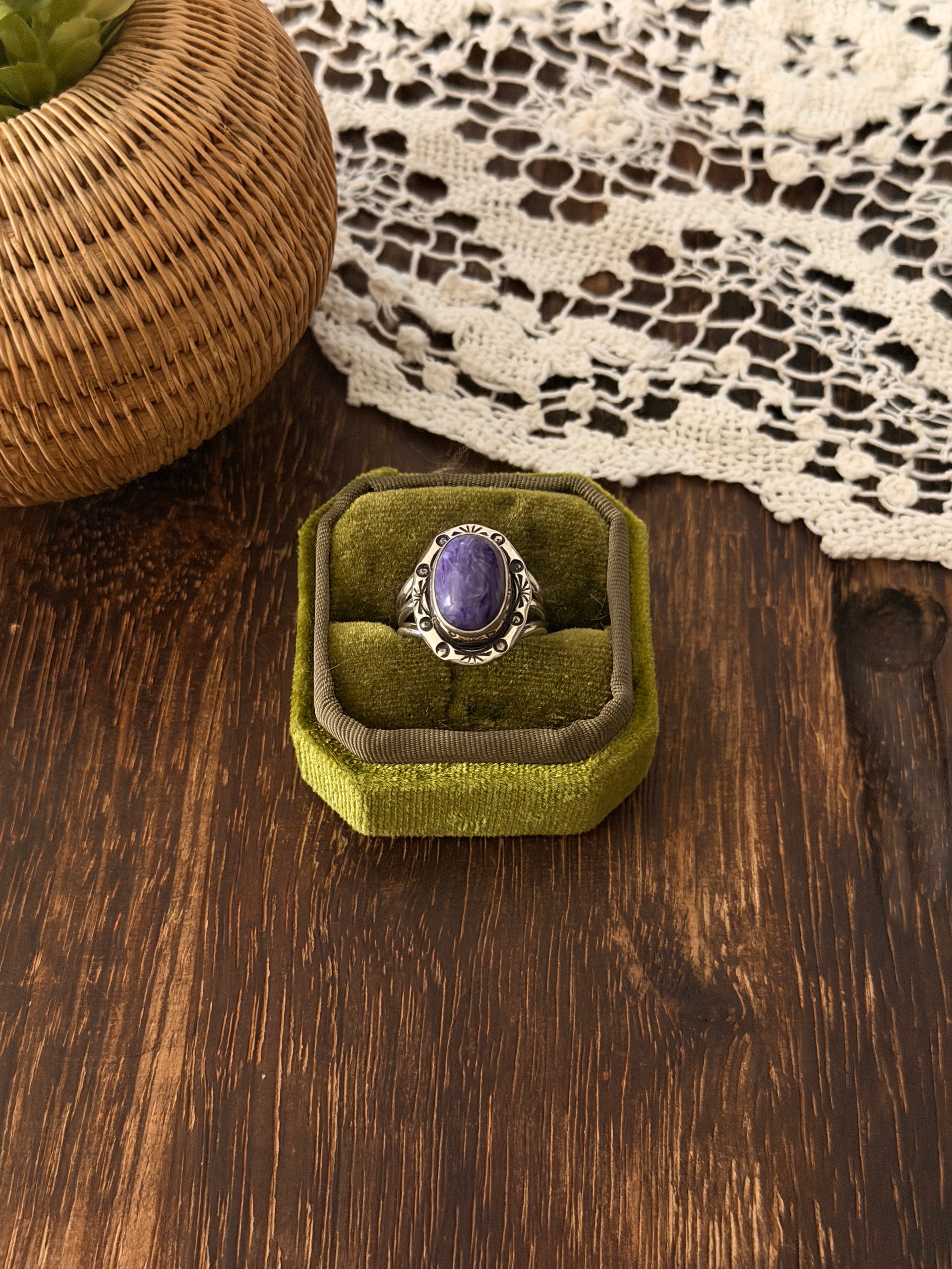 Navajo Made Charoite & Sterling Silver Ring Size 8.25