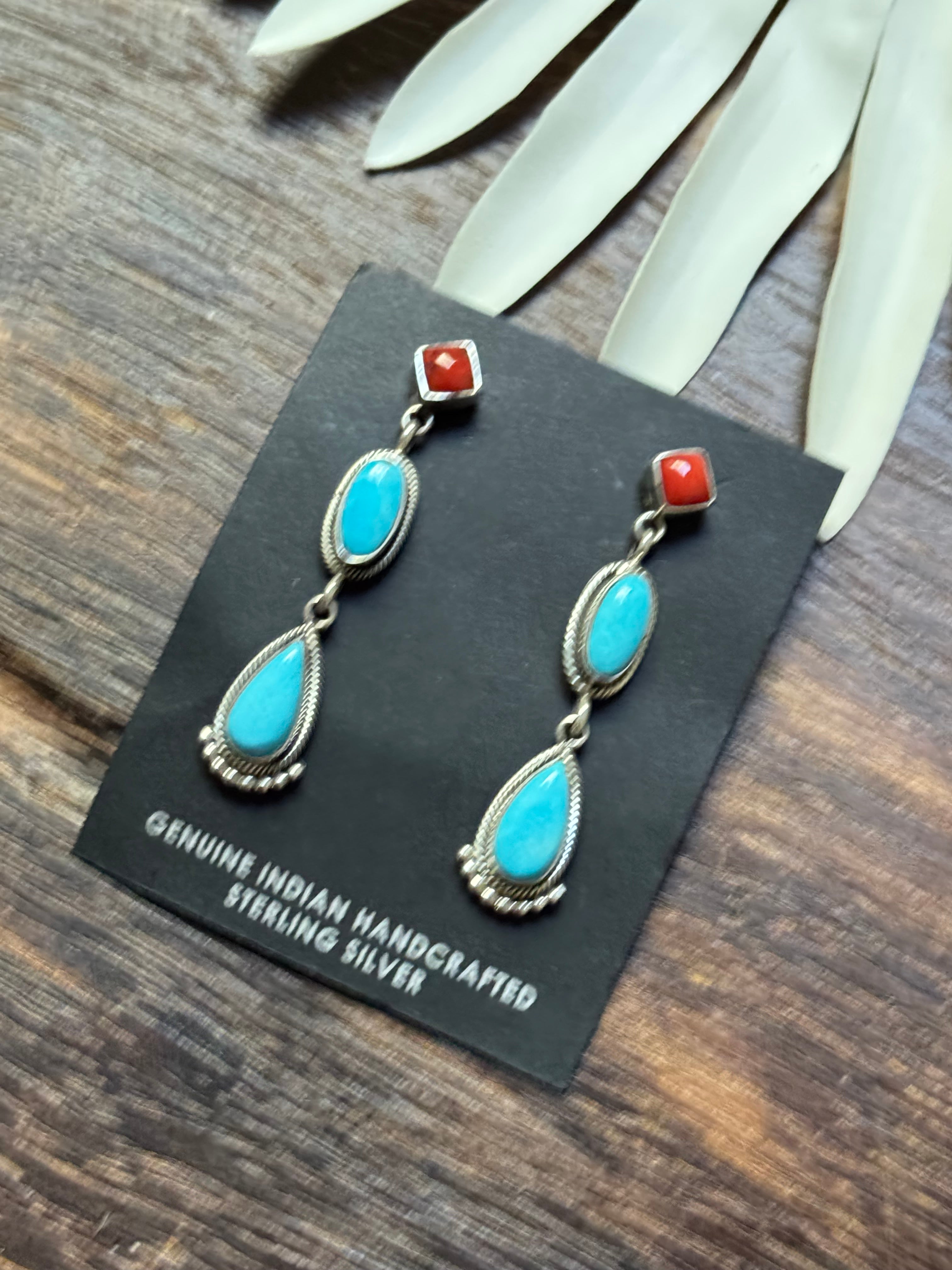 Navajo Made Multi Stone & Sterling Silver Post Dangle Earrings