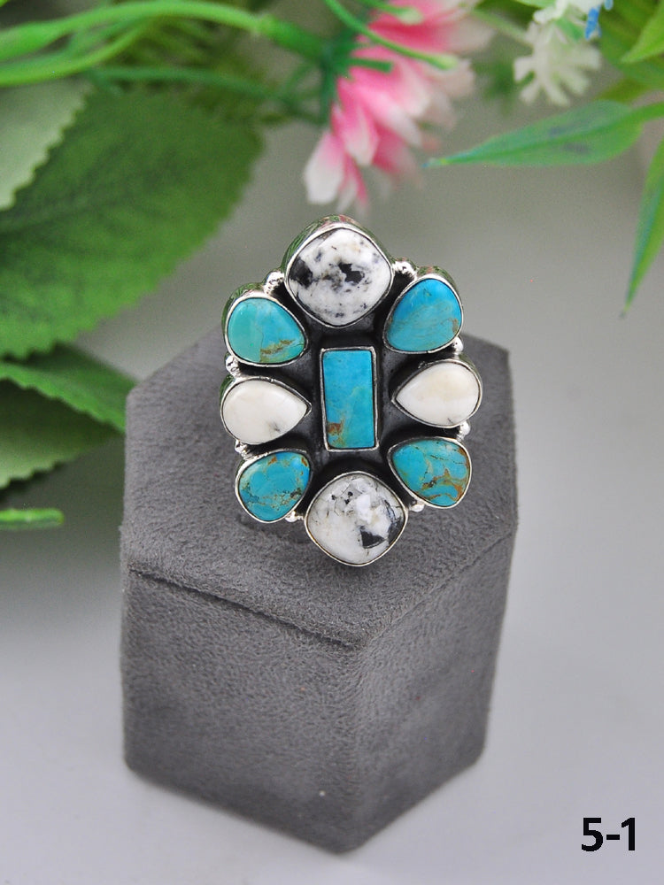 Southwest Made Multi Stone & Sterling Sliver Cluster Adjustable Ring