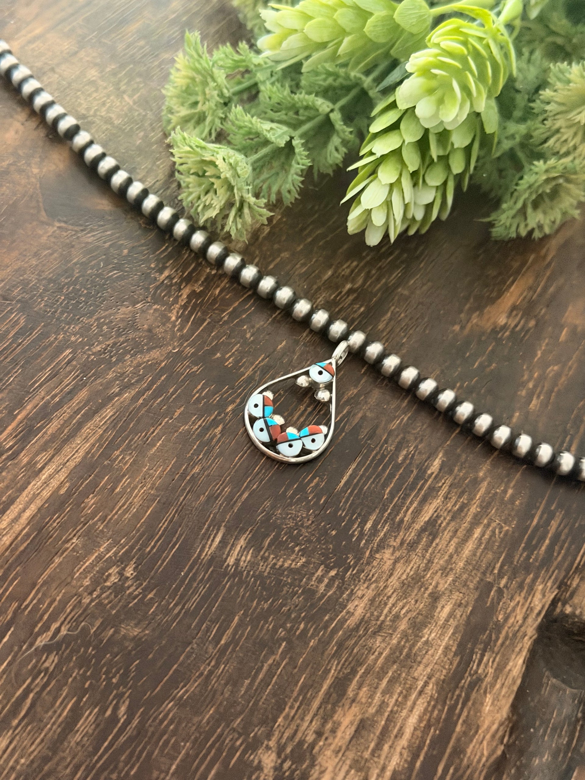 Zuni Made Multi Stone & Sterling Silver Inlay Sunface Pendant