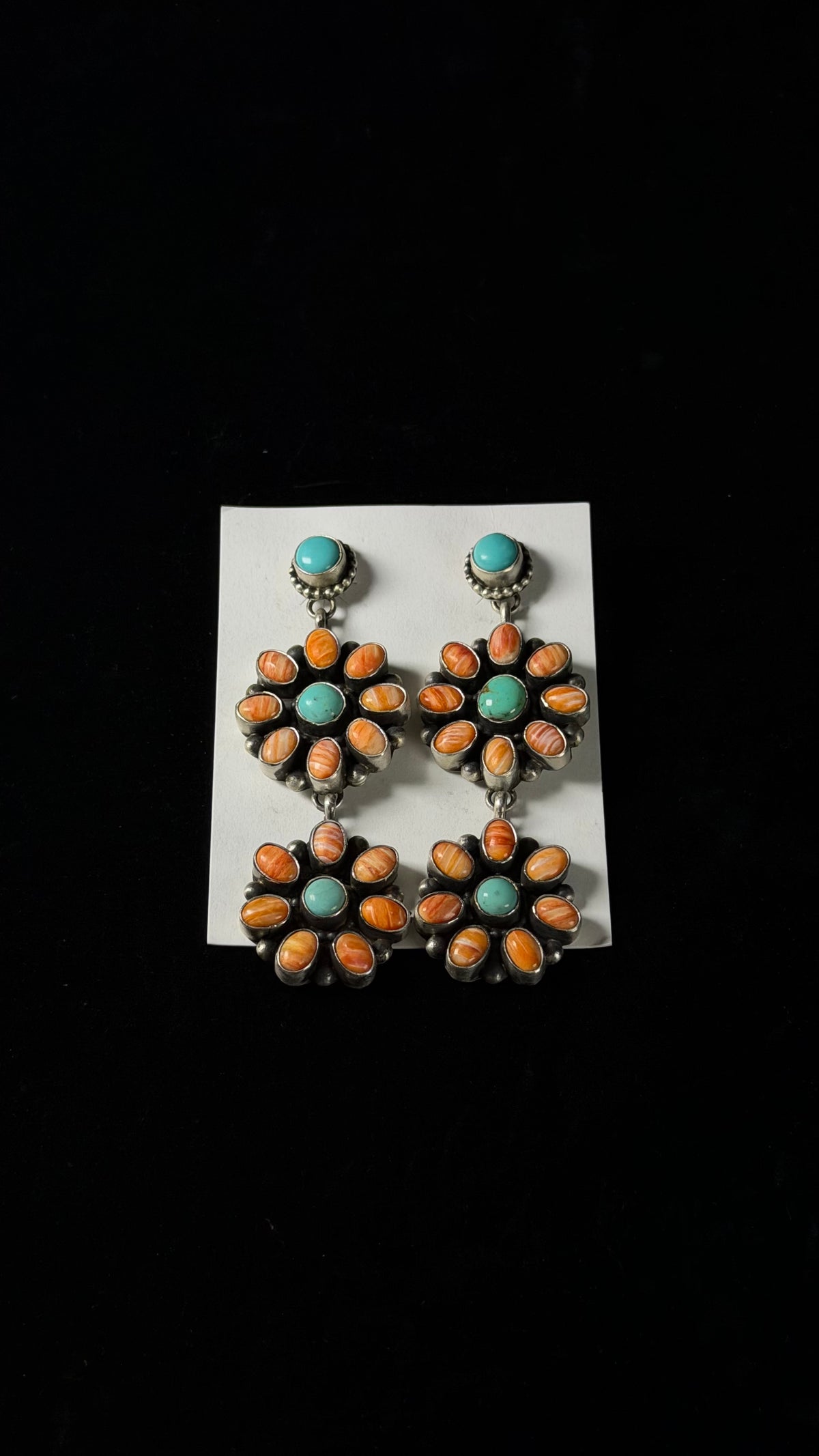 Navajo Made Multi Stone & Sterling Silver Post Dangle Cluster Earrings