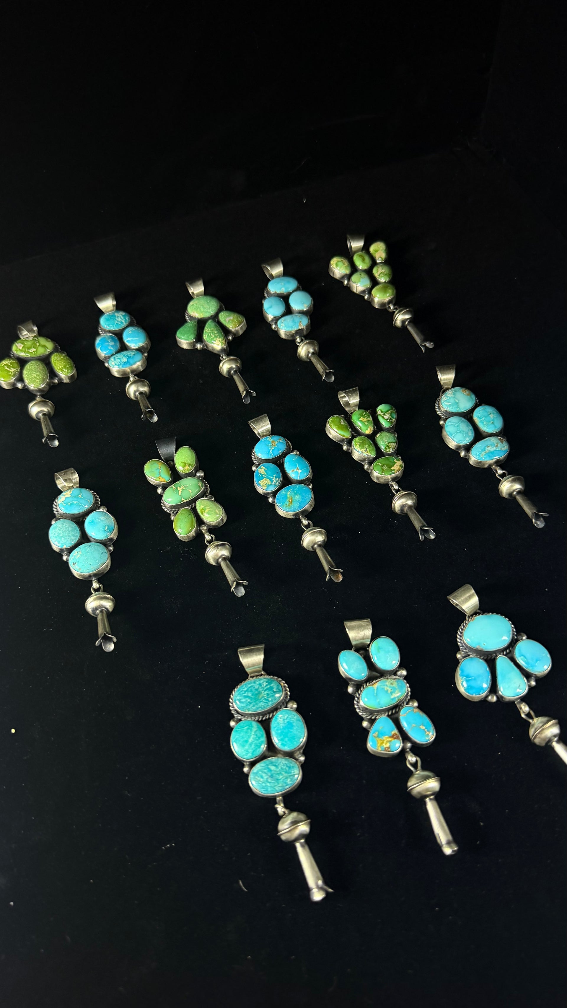 Navajo Made Sonoran Turquoise & Sterling Silver Cluster Blossom Pendant