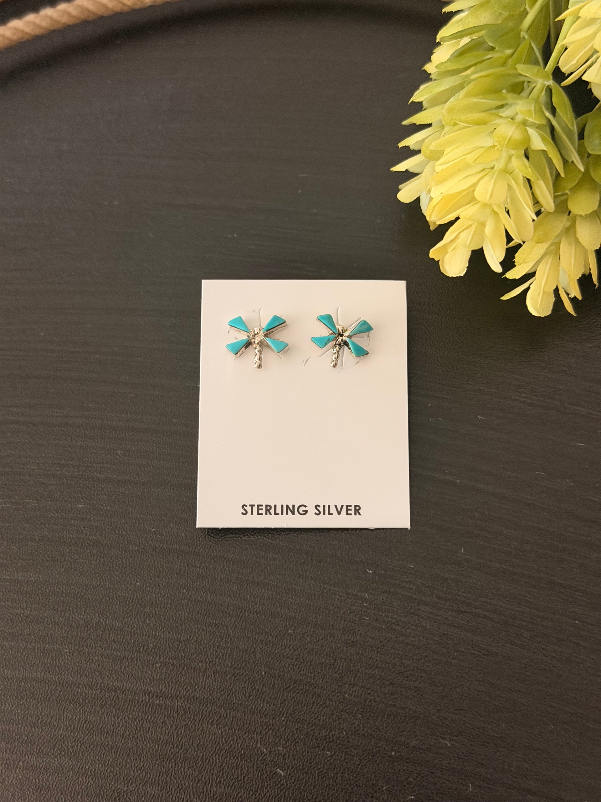Navajo Made Kingman Turquoise & Sterling Silver Post Cluster Dragonfly Earrings