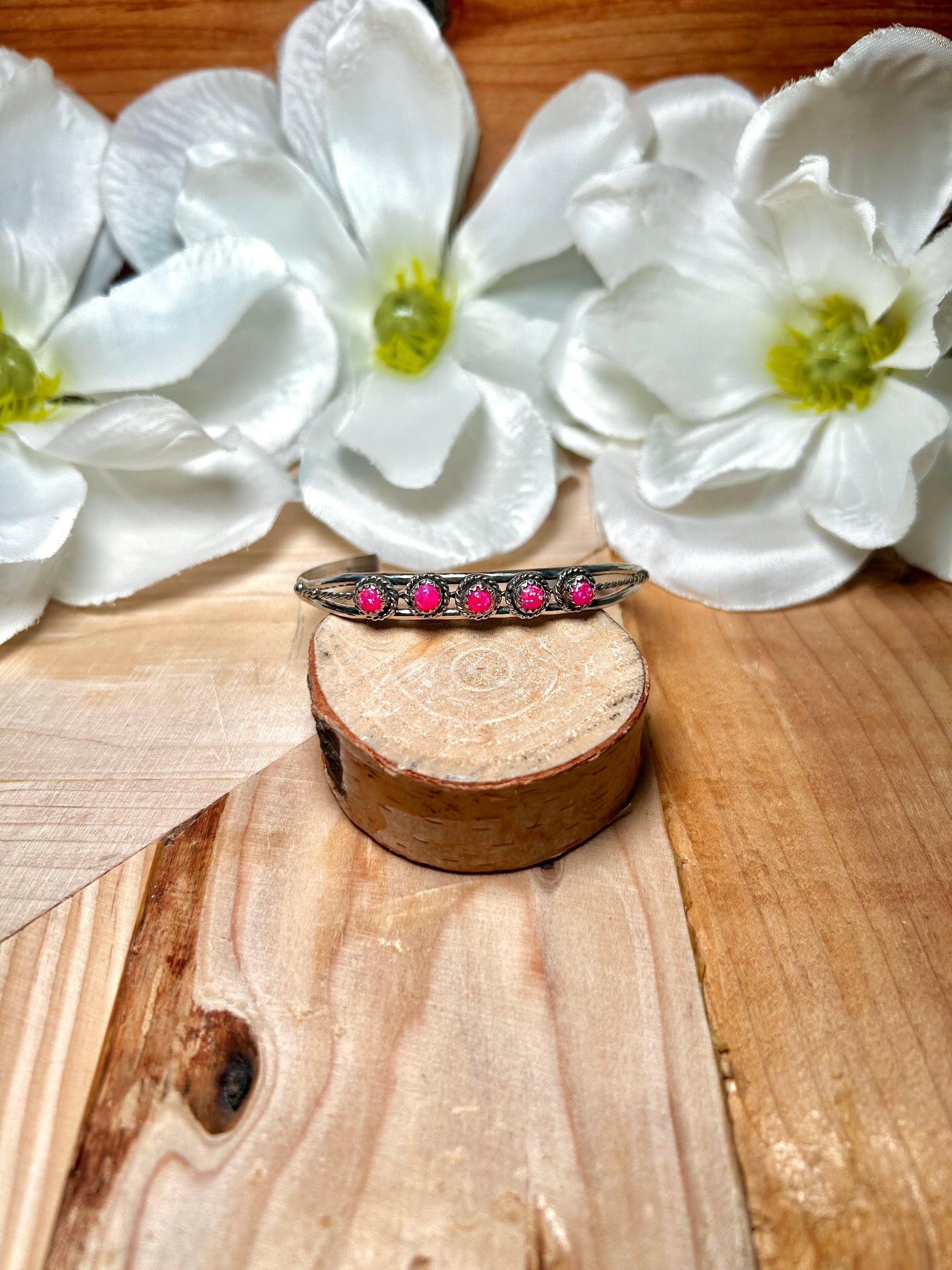 Navajo Made Pink Opal (Man-Made) & Sterling Silver Cuff Bracelet