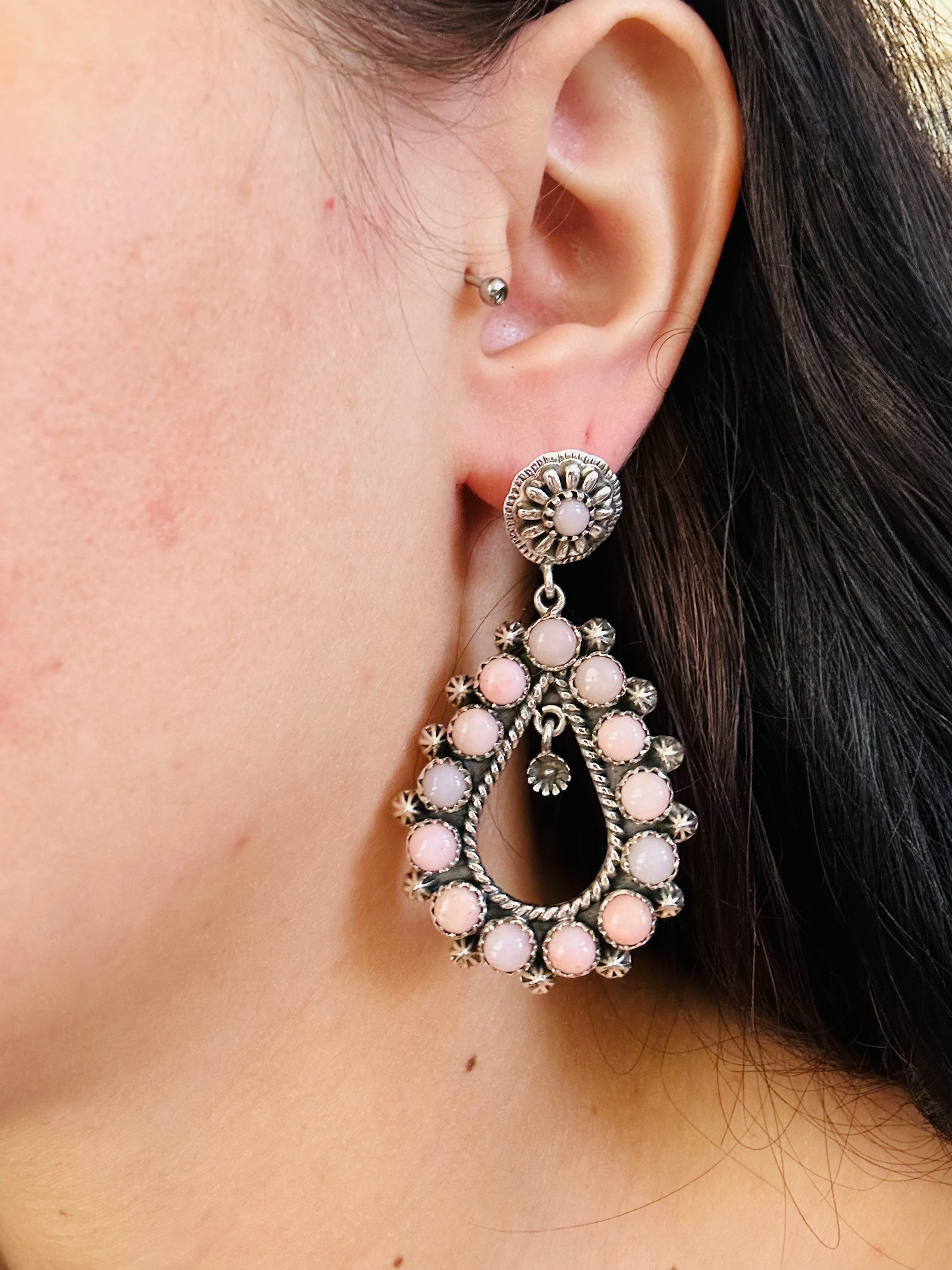 TTD “Tear Drop” Peruvian Pink Opal & Sterling Silver Post Dangle Earrings