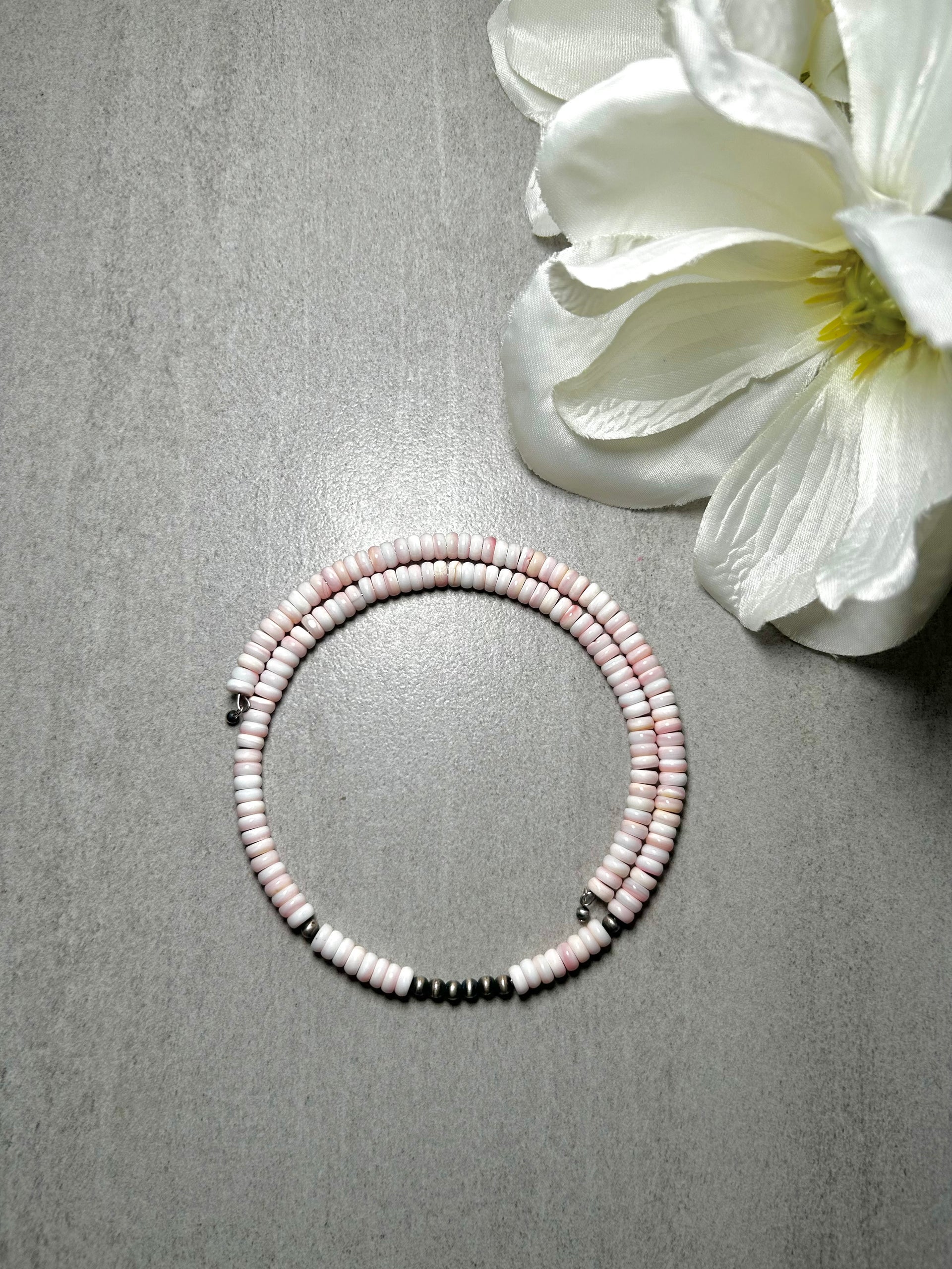 Navajo Made Strung Pink Conch & Sterling Silver Necklace Chocker