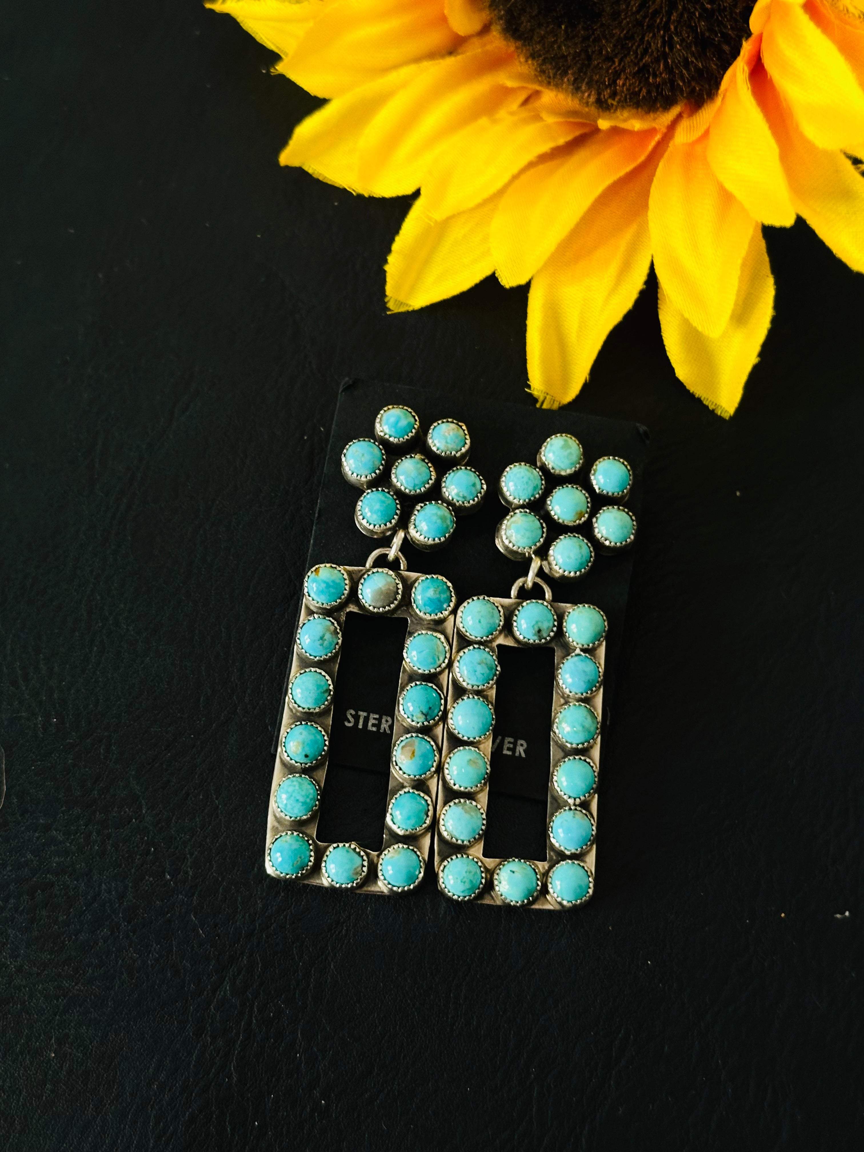 Navajo Handmade Kingman Turquoise & Sterling Silver Post Dangle Earrings