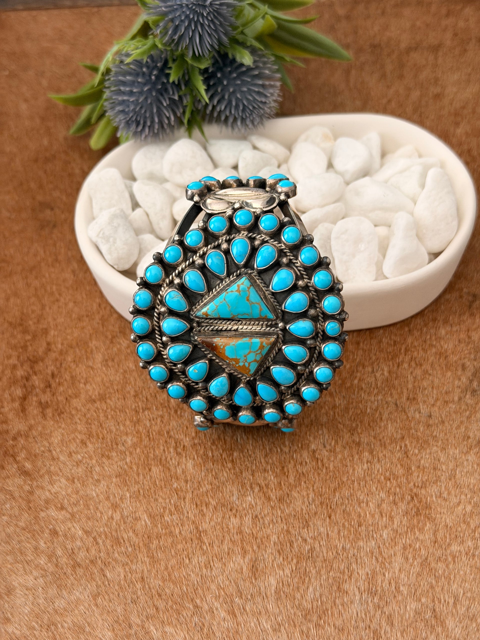 Tyler Brown Navajo Made Mixed Turquoise & Sterling Silver Cluster Cuff Bracelet
