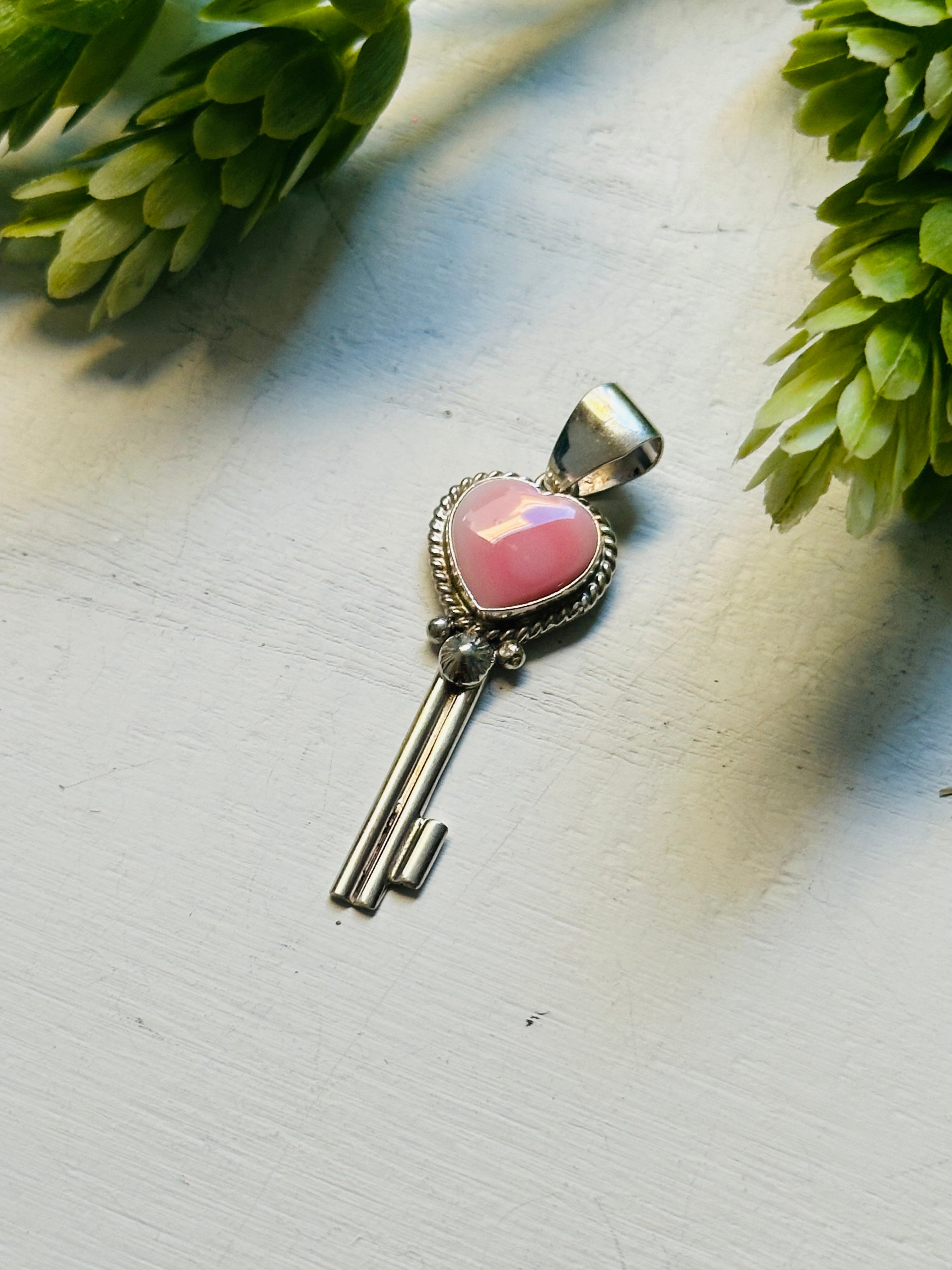 Navajo Made Pink Conch & Sterling Silver Key Heart Pendant