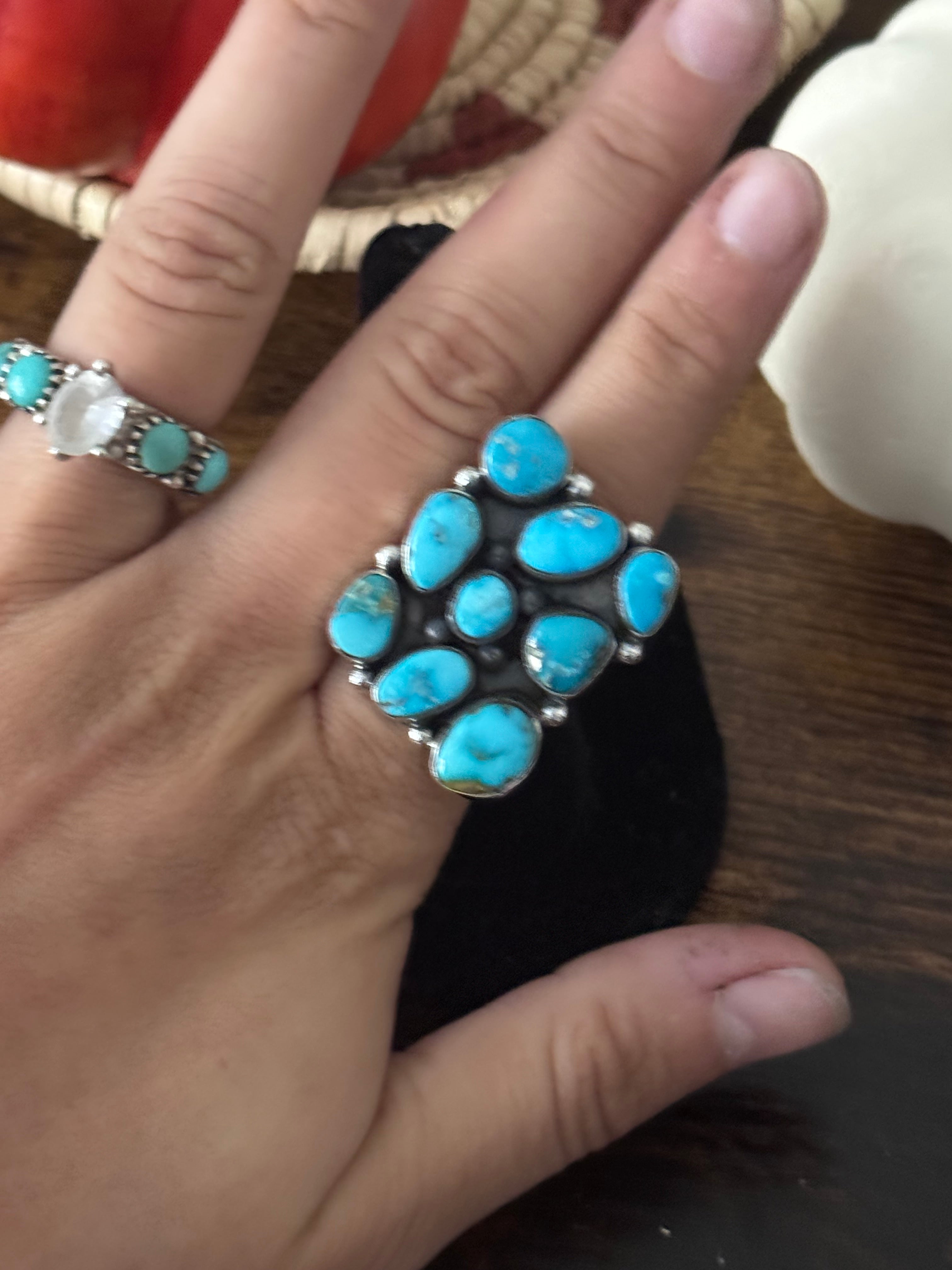 Southwest Handmade Valley Blue Turquoise & Sterling Silver Adjustable Cluster Ring