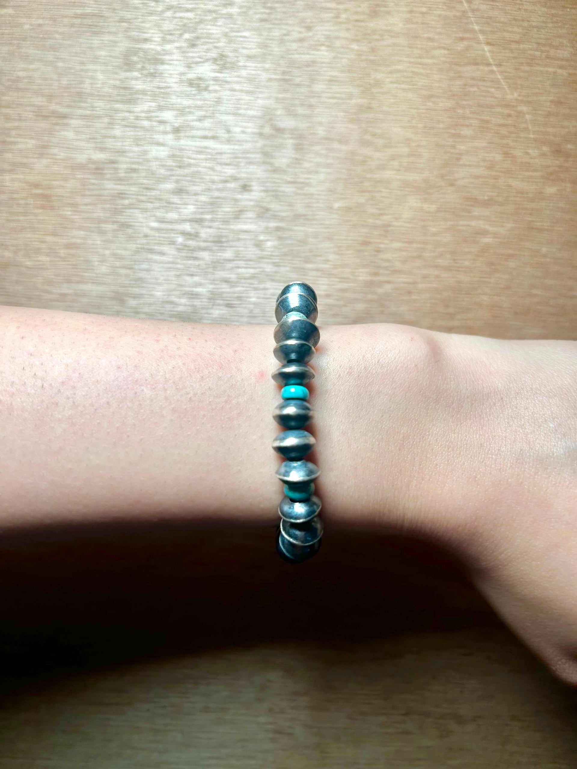 Navajo Handmade Kingman Turquoise & Sterling Silver Strung Stretchy Bracelet