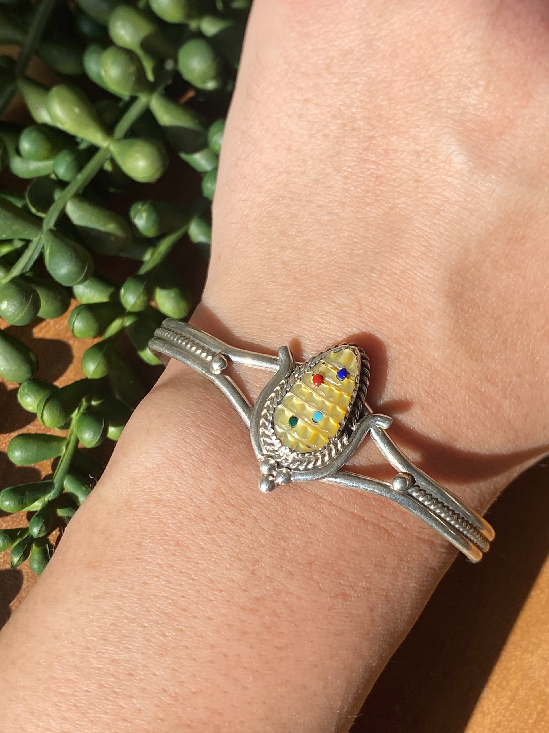 Zuni Handmade Multi Stone & Sterling Silver Corn Cuff Bracelet
