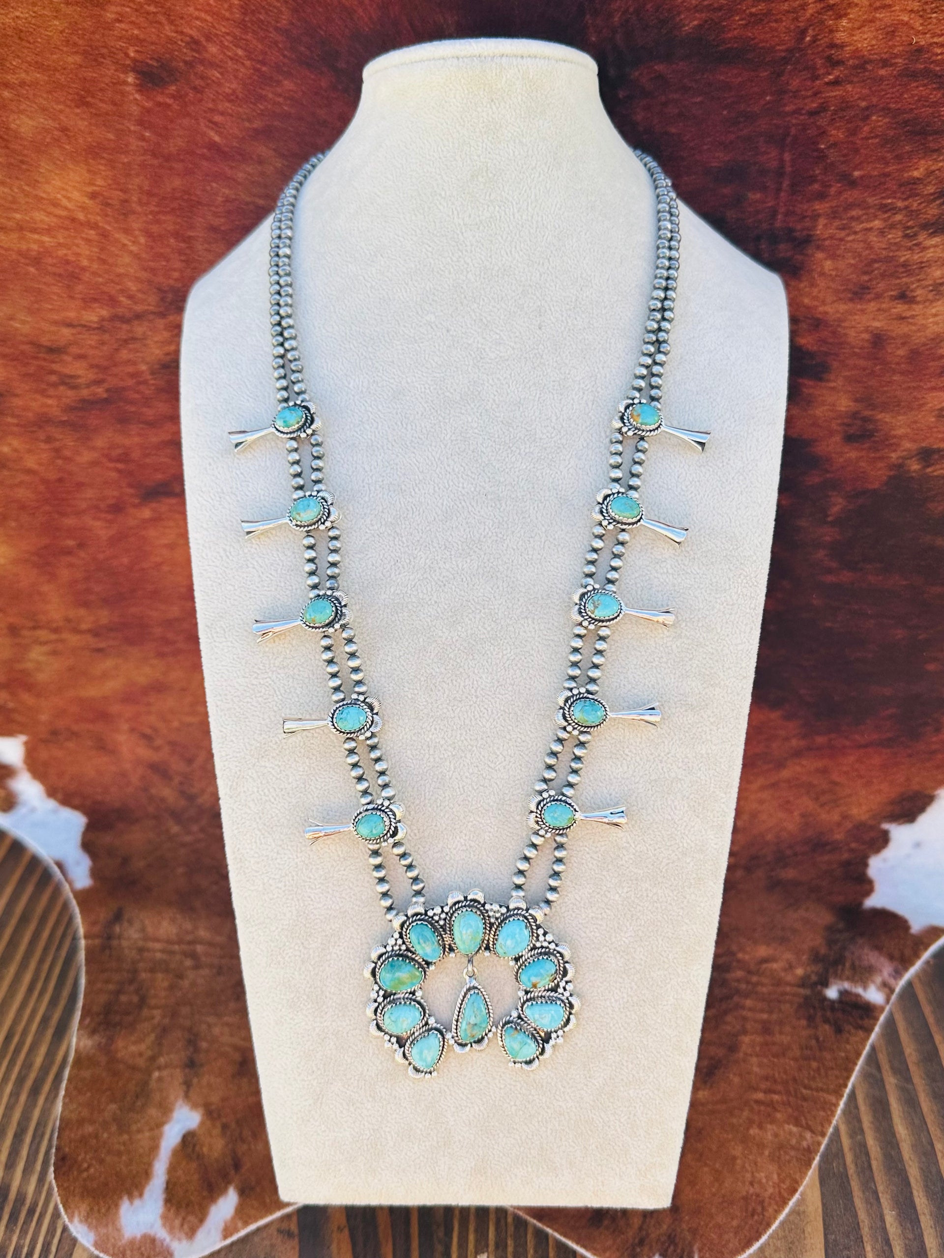 Southwest Handmade Kingman Turquoise & Sterling Silver Squash Blossom