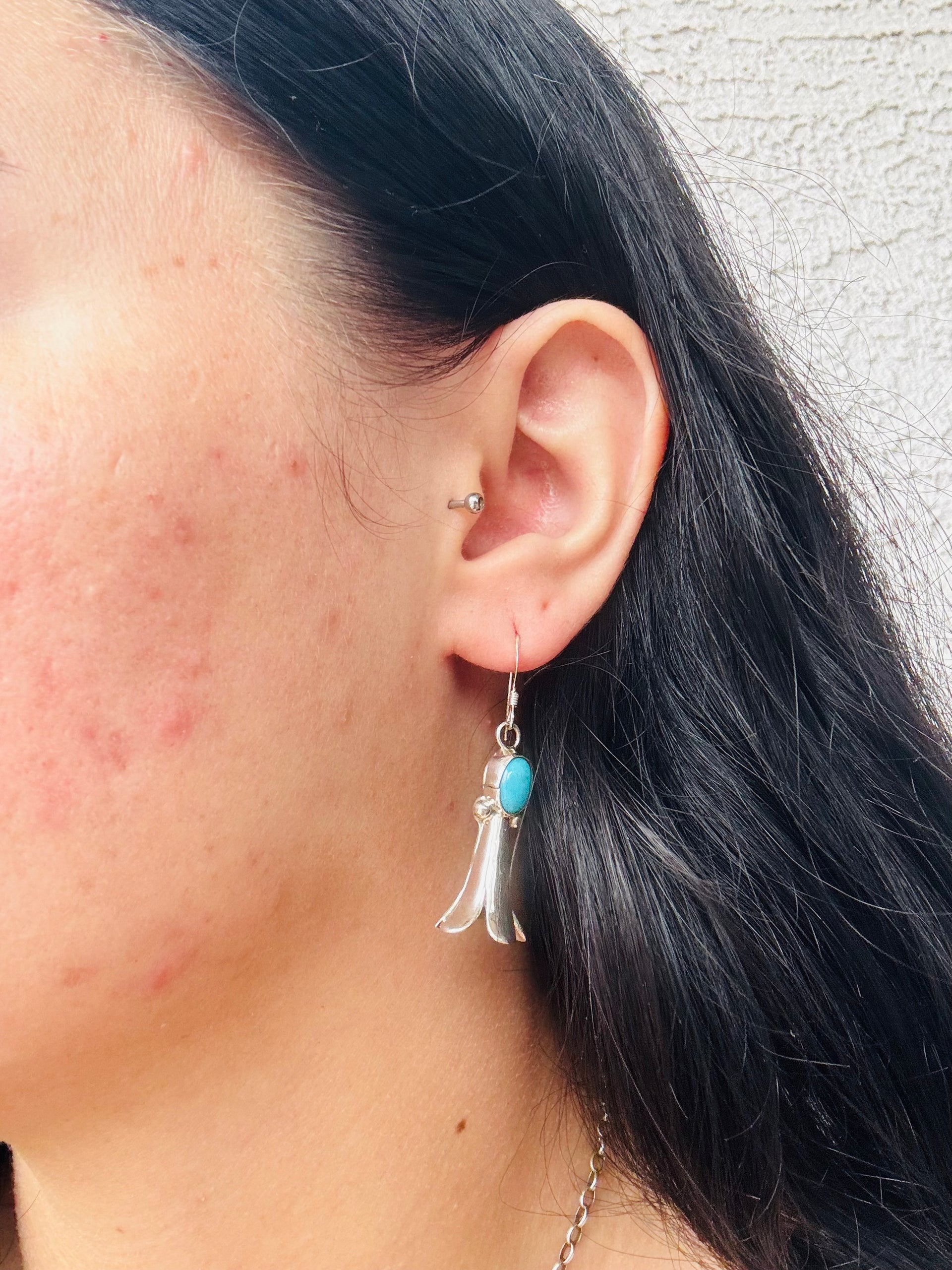 Navajo Made Kingman Turquoise & Sterling Silver Dangle Blossom Earrings