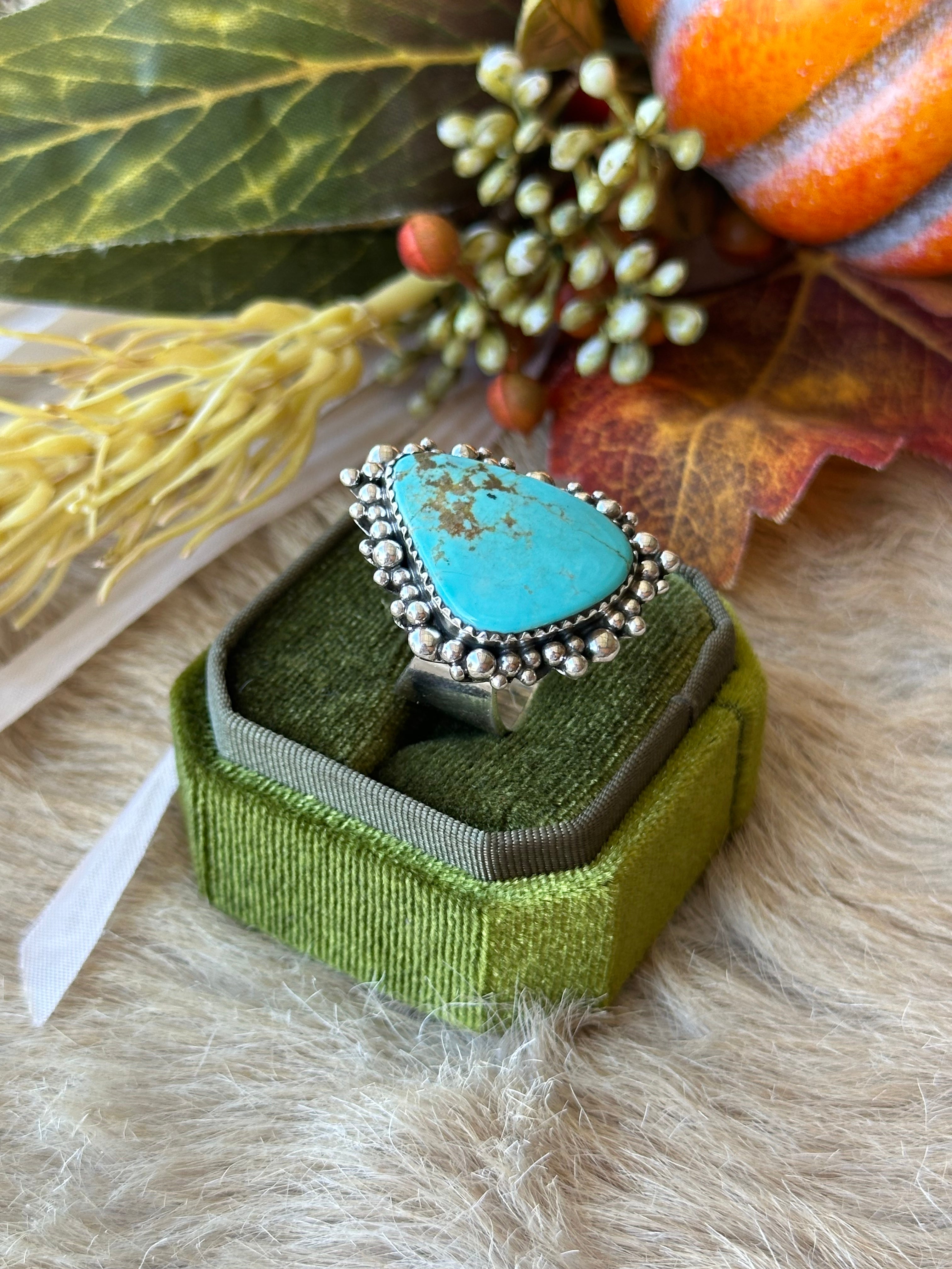 Southwest Handmade #8 Turquoise & Sterling Silver Adjustable Ring