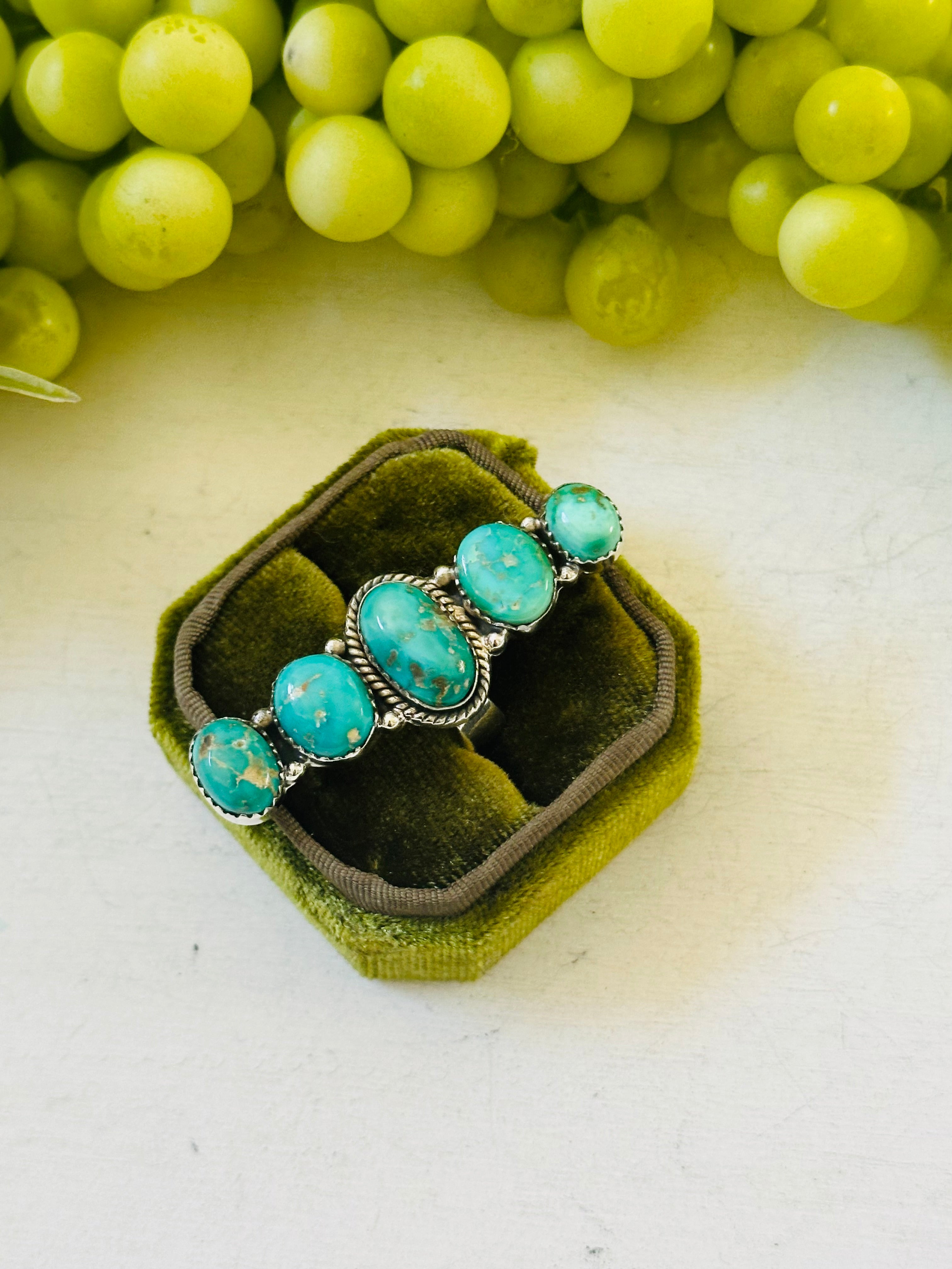 Southwest Handmade Emerald Valley Turquoise & Sterling Silver Adjustable Cluster Ring