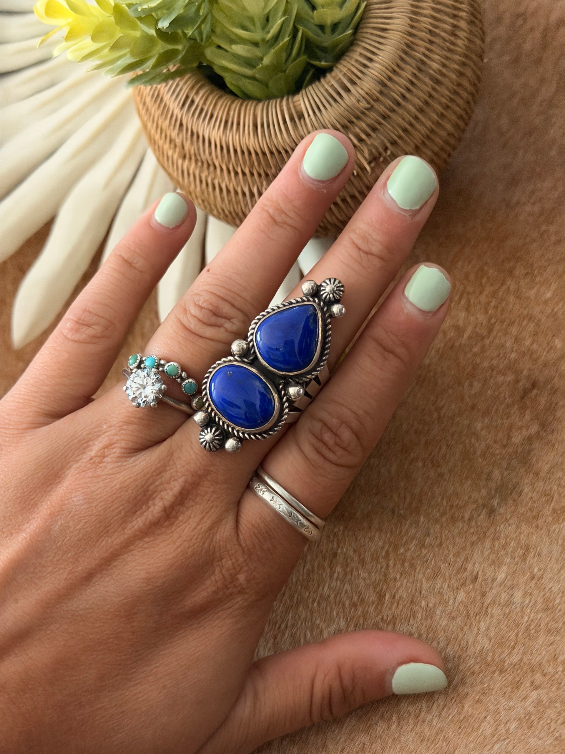 Navajo Made Lapis & Sterling Silver Ring Size 8