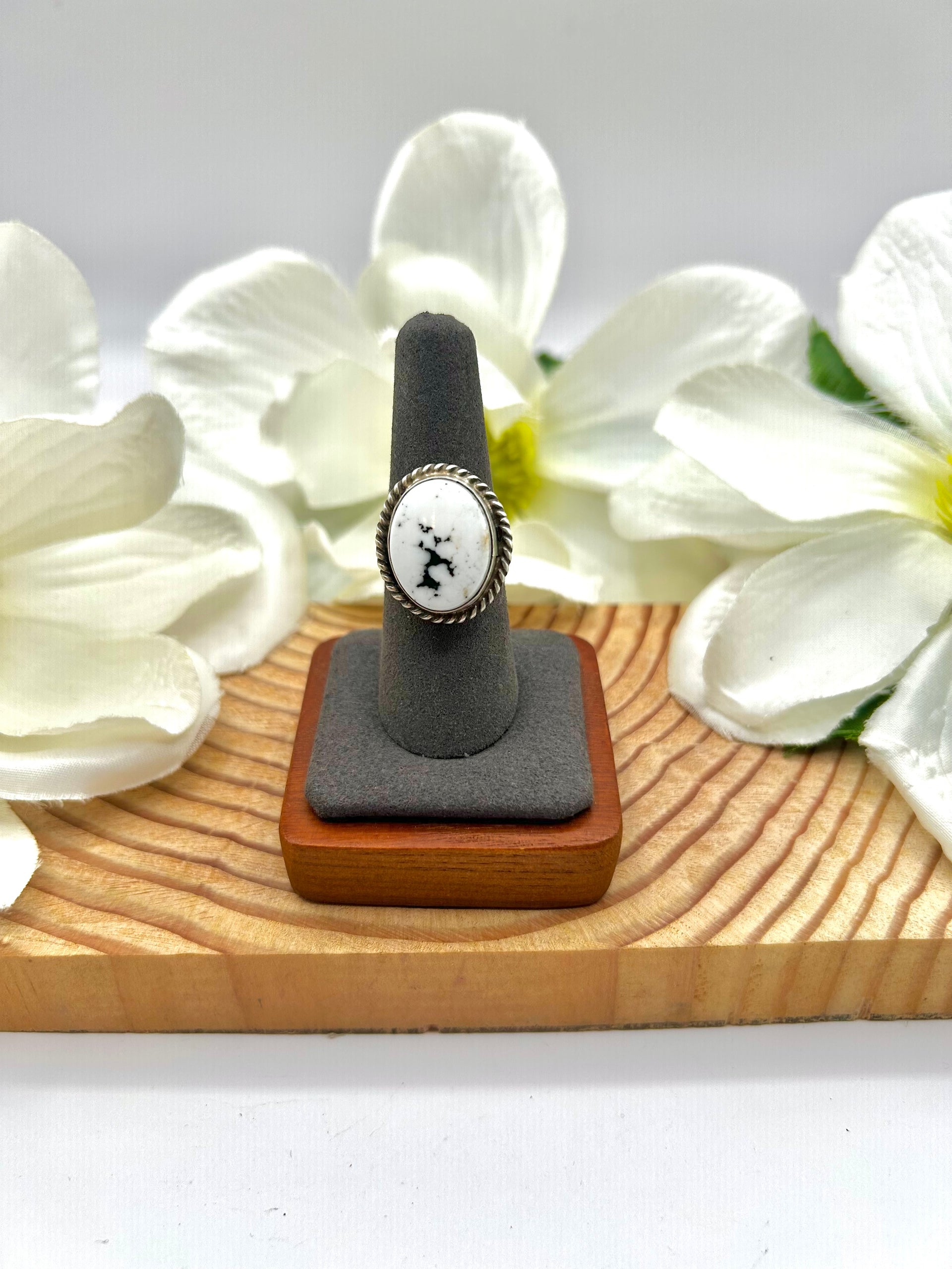 Navajo Made White Buffalo & Sterling Silver Adjustable Ring