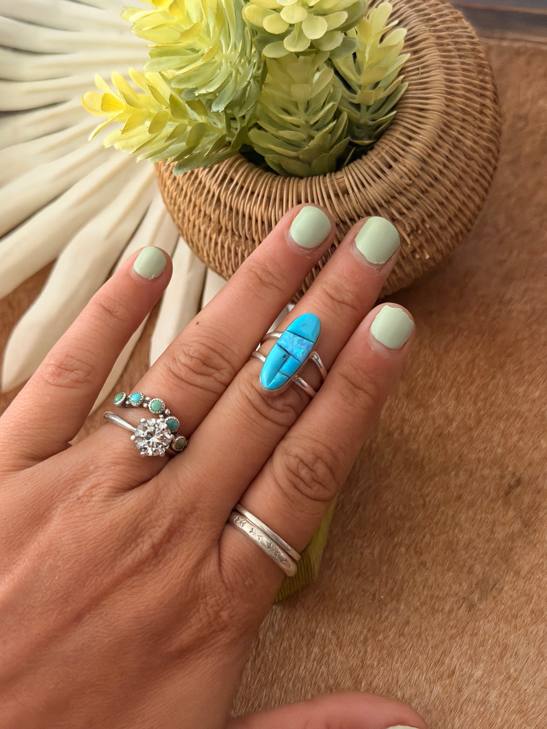 Navajo Made Multi Stone & Sterling Silver Cobblestone Ring Size 6