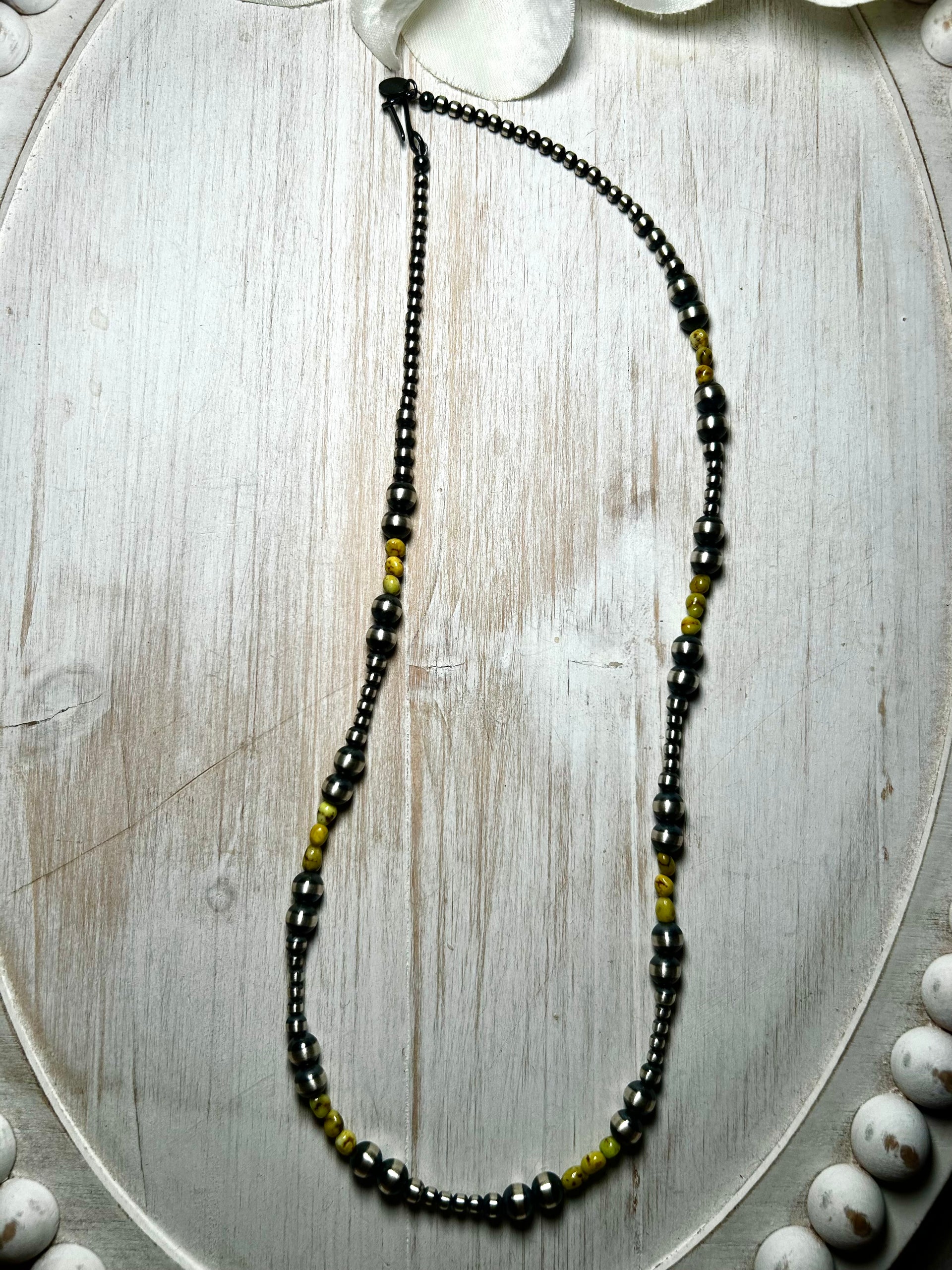 Navajo Strung Palomino Variscite & Sterling Silver Necklace