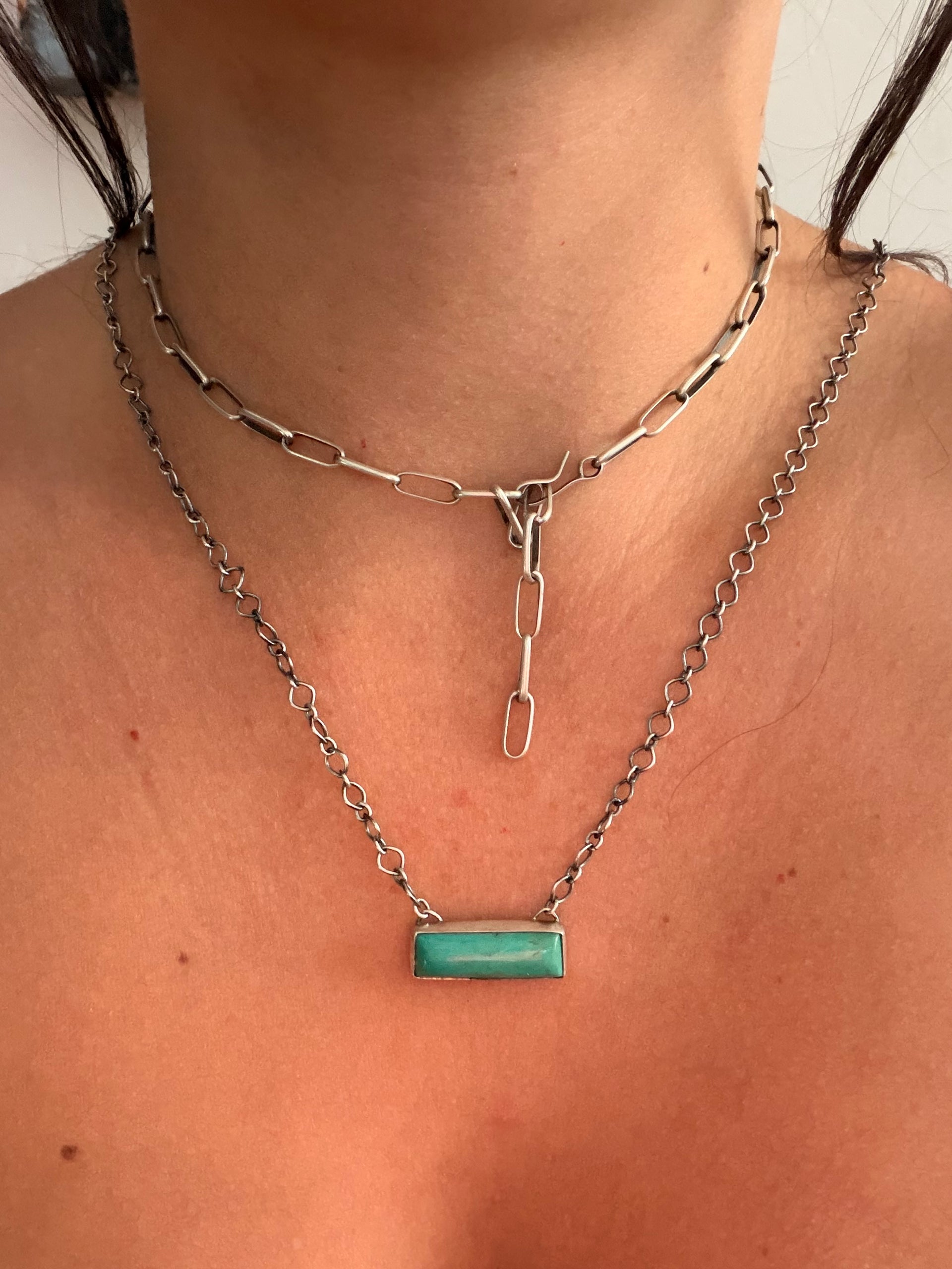 Navajo Made Kingman Turquoise & Sterling Silver Bar Necklace