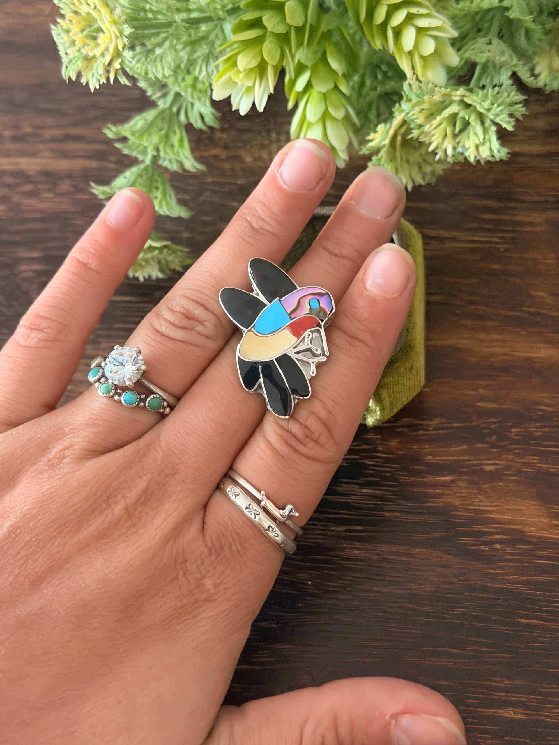 Zuni Made Multi Stone & Sterling Silver Inlay Hummingbird Ring Size 7