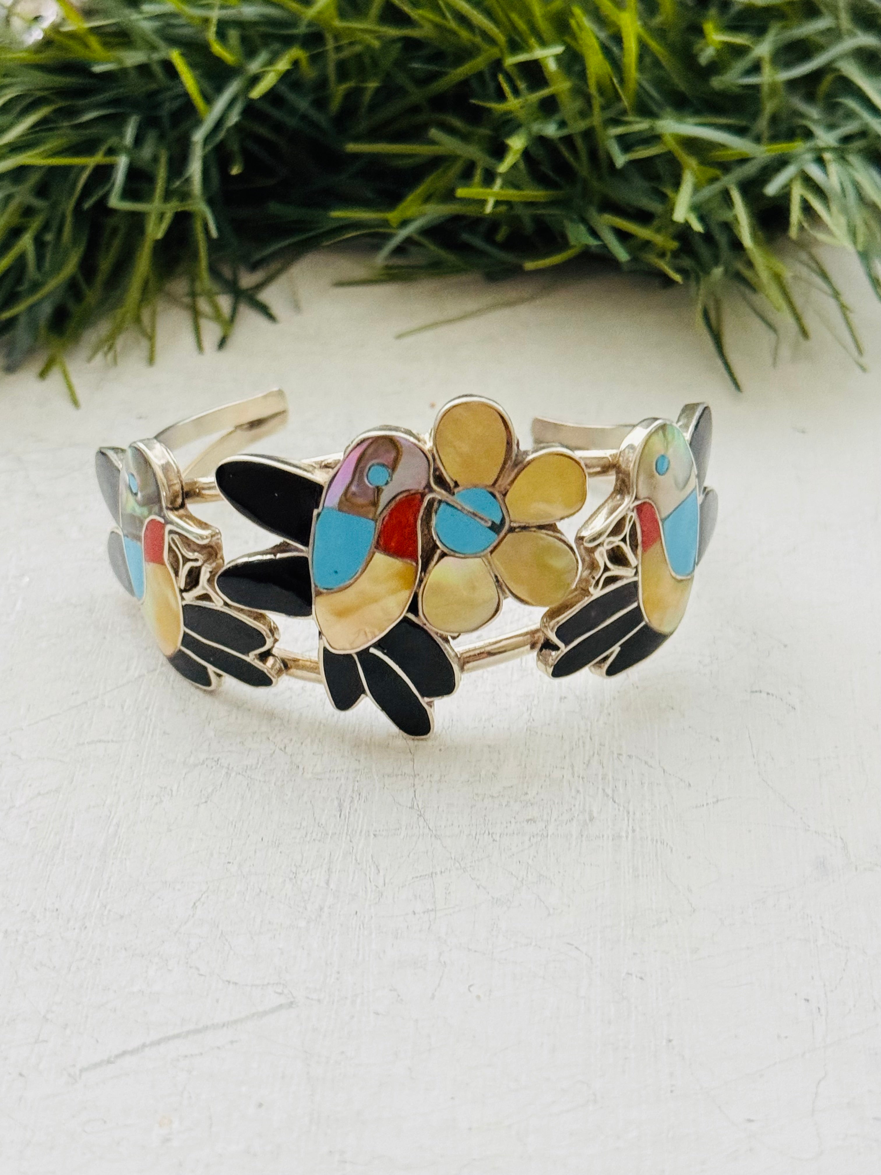 Zuni Made Multi Stone & Sterling Silver Inlay Hummingbird Cuff Bracelet