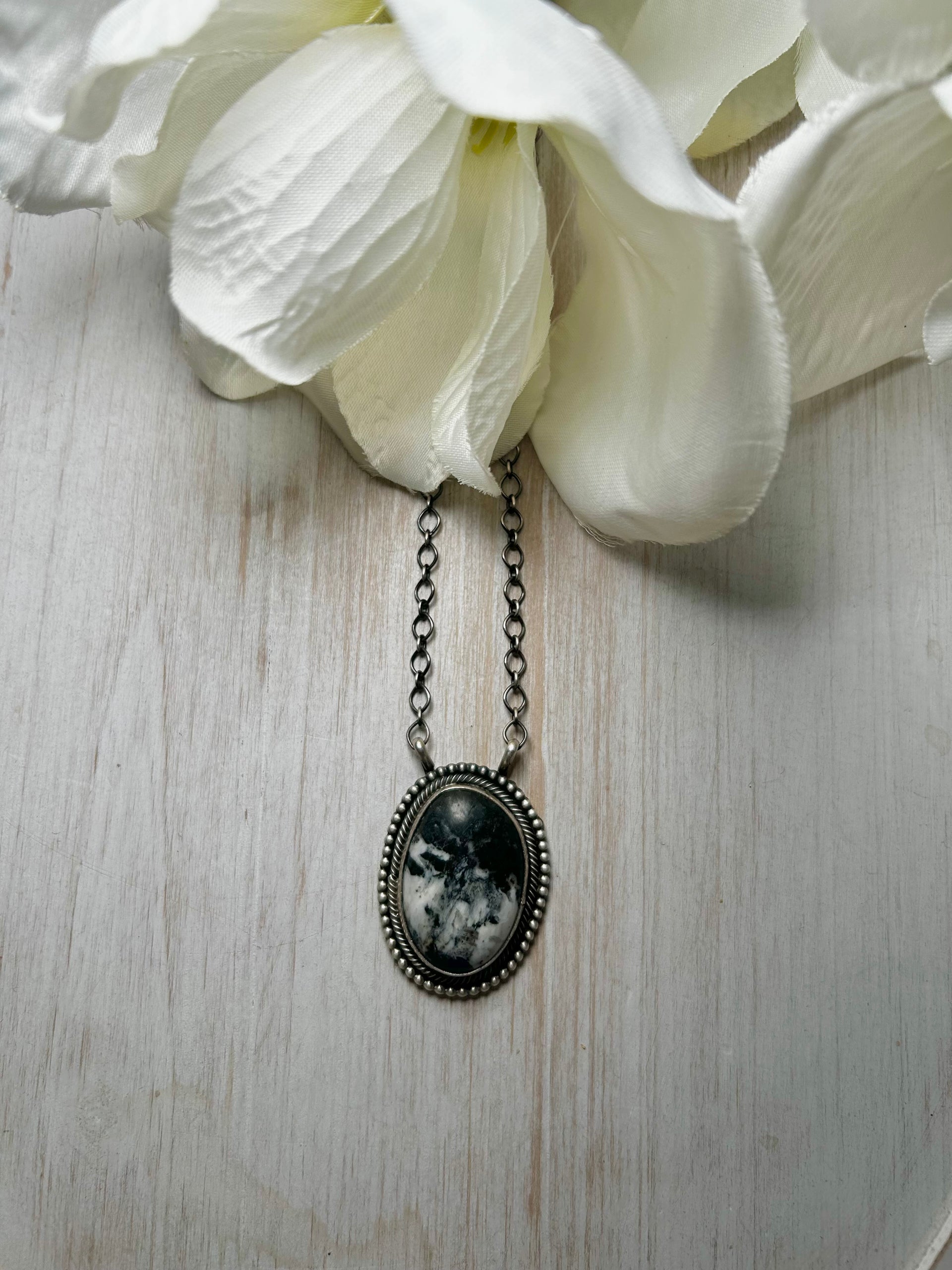 Navajo Made White Buffalo & Sterling Silver Necklace