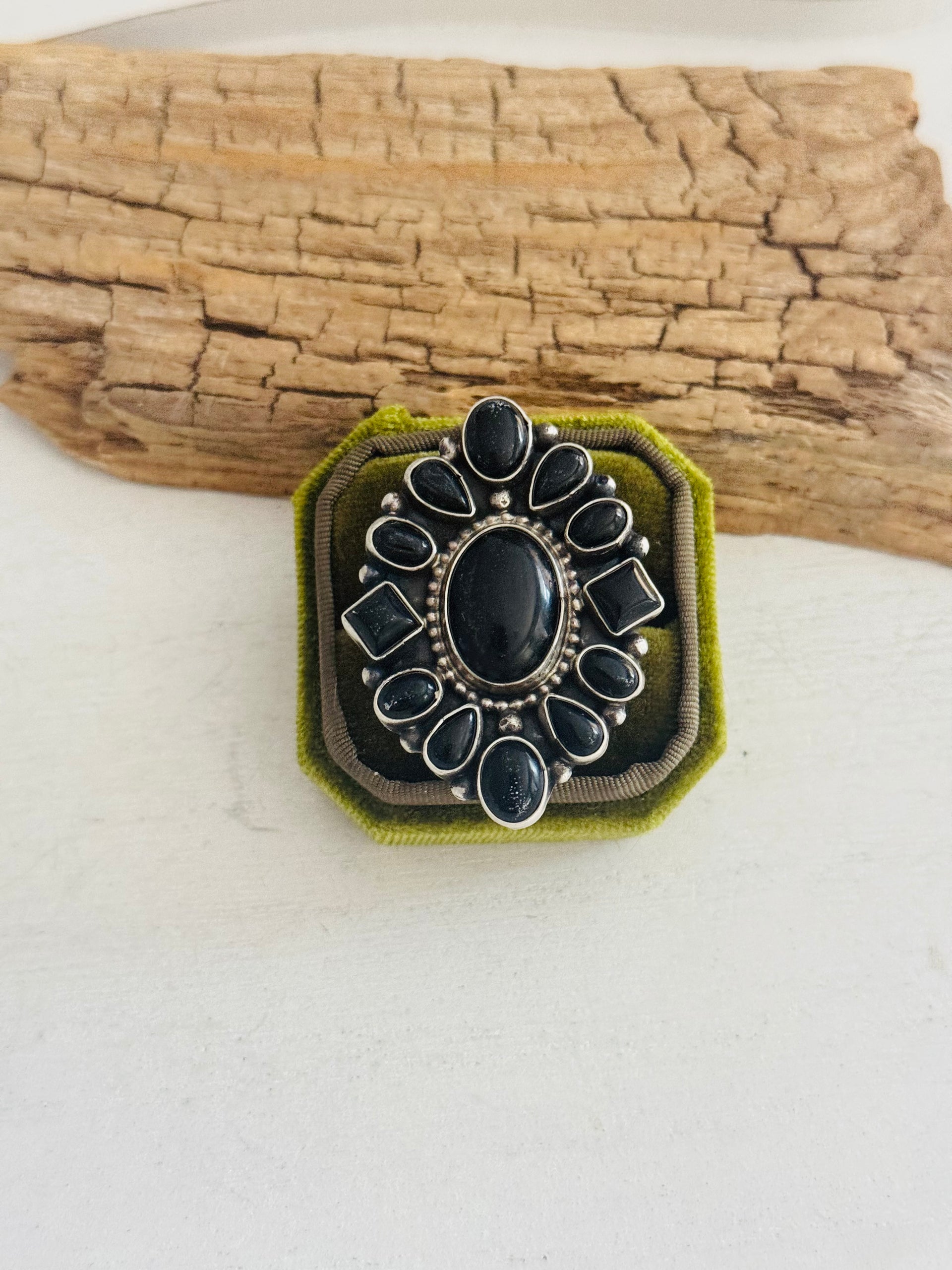 Sheila Becenti Onyx & Sterling Silver Adjustable Cluster Ring