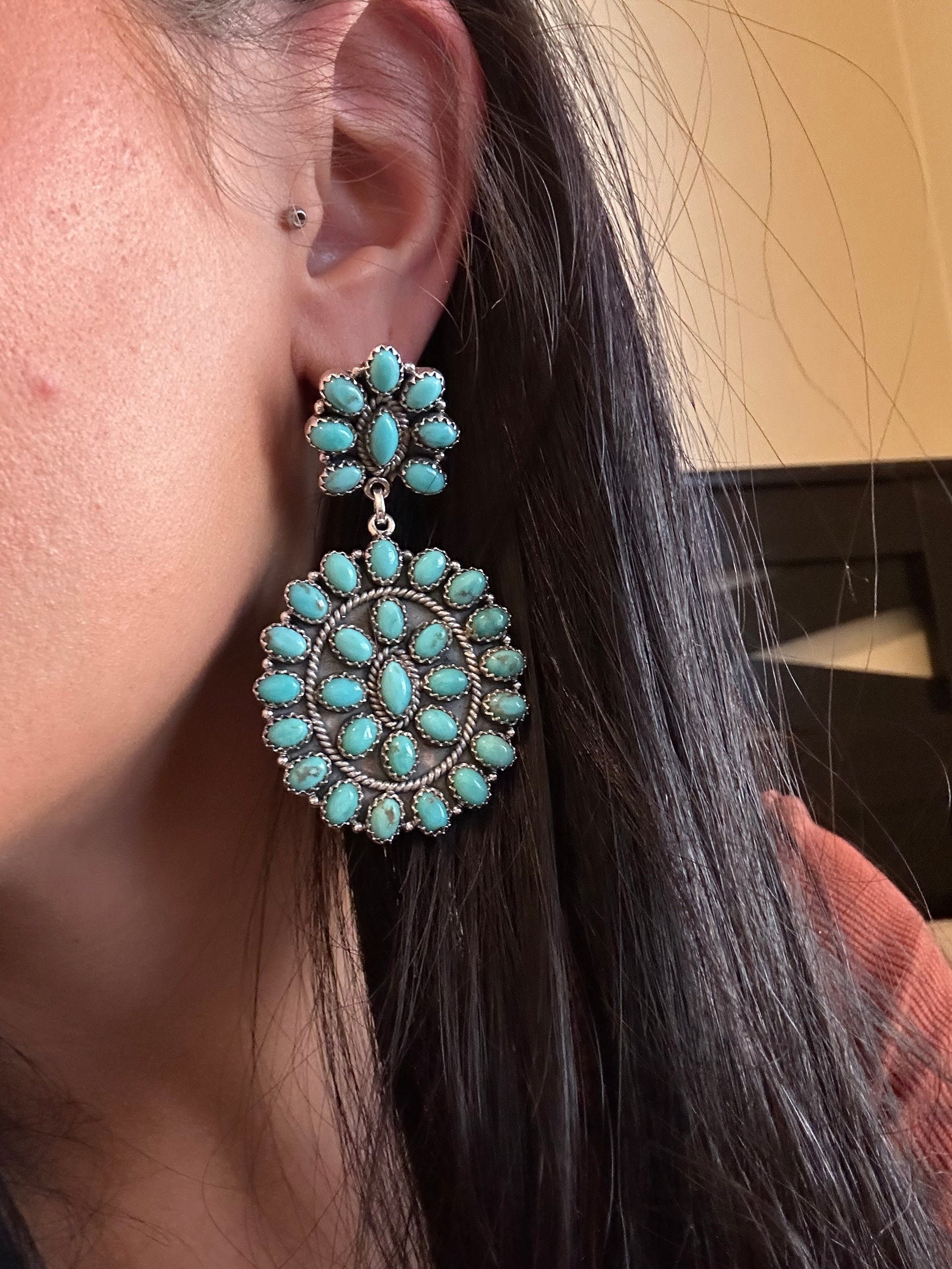 Southwest Handmade Kingman Turquoise & Sterling Silver Post Dangle Cluster Earrings