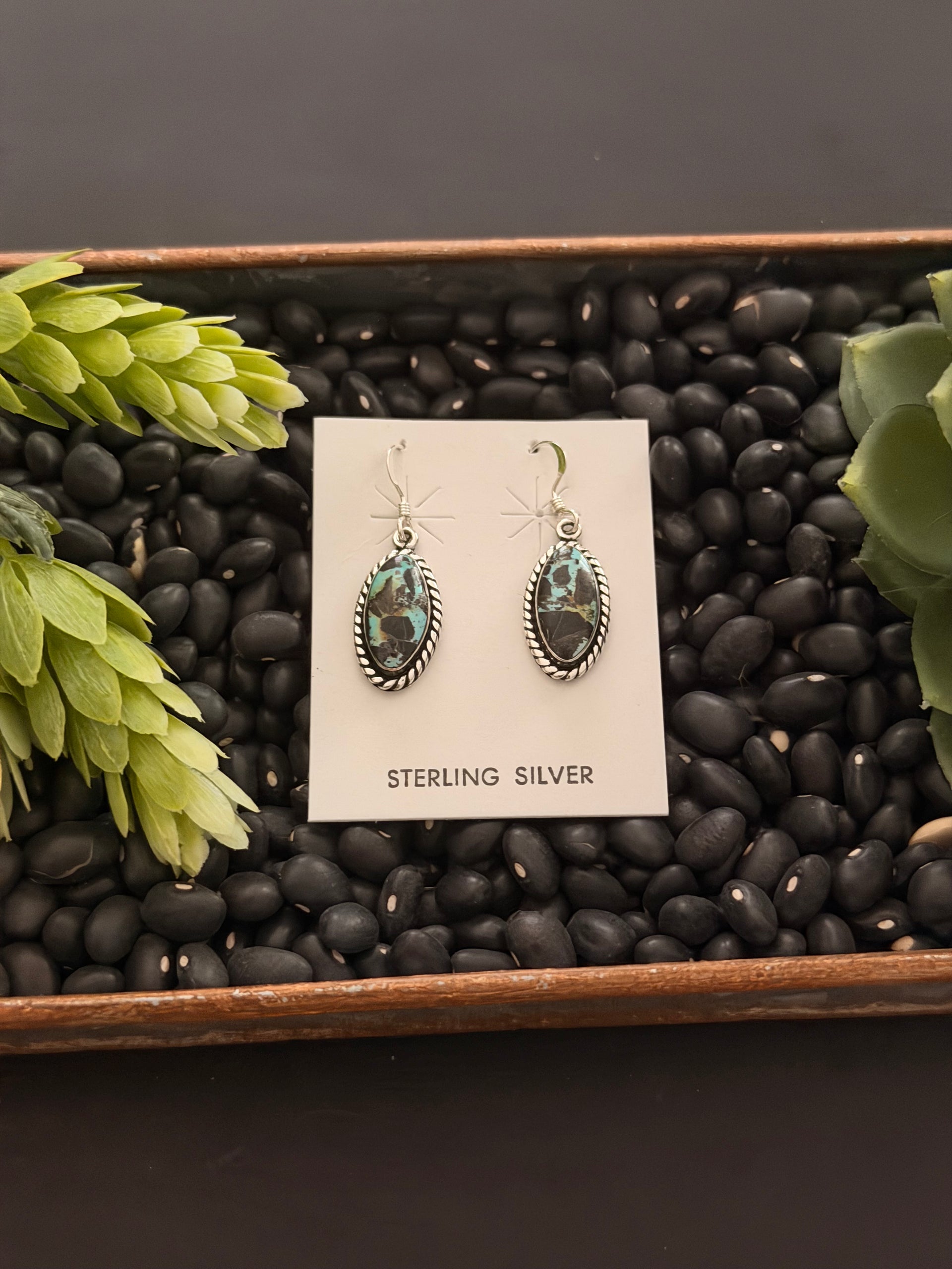 Navajo Made Black Jack Turquoise & Sterling Silver Dangle Earrings