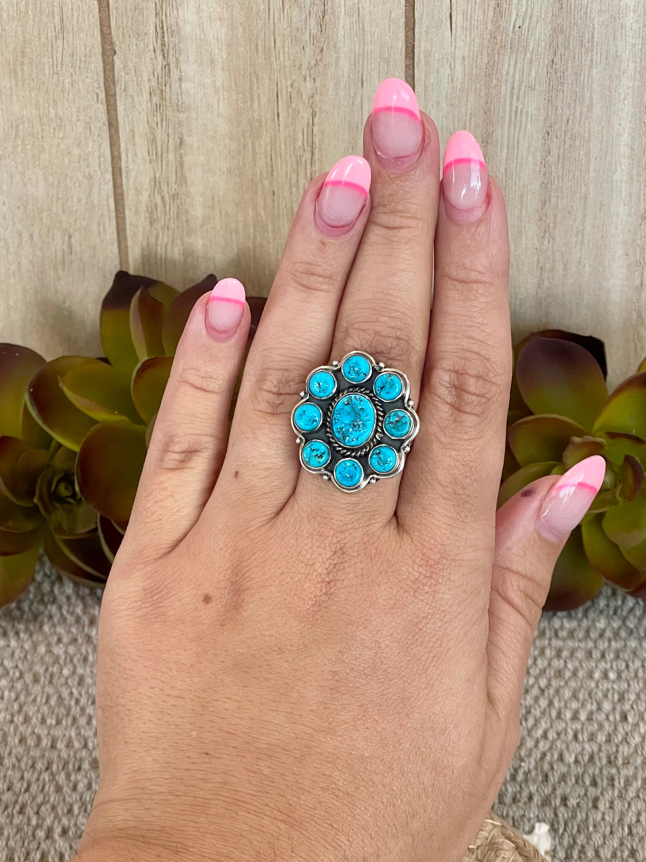 Southwest Handmade Kingman Turquoise & Sterling Silver Size 8.75 Cluster Flower Ring