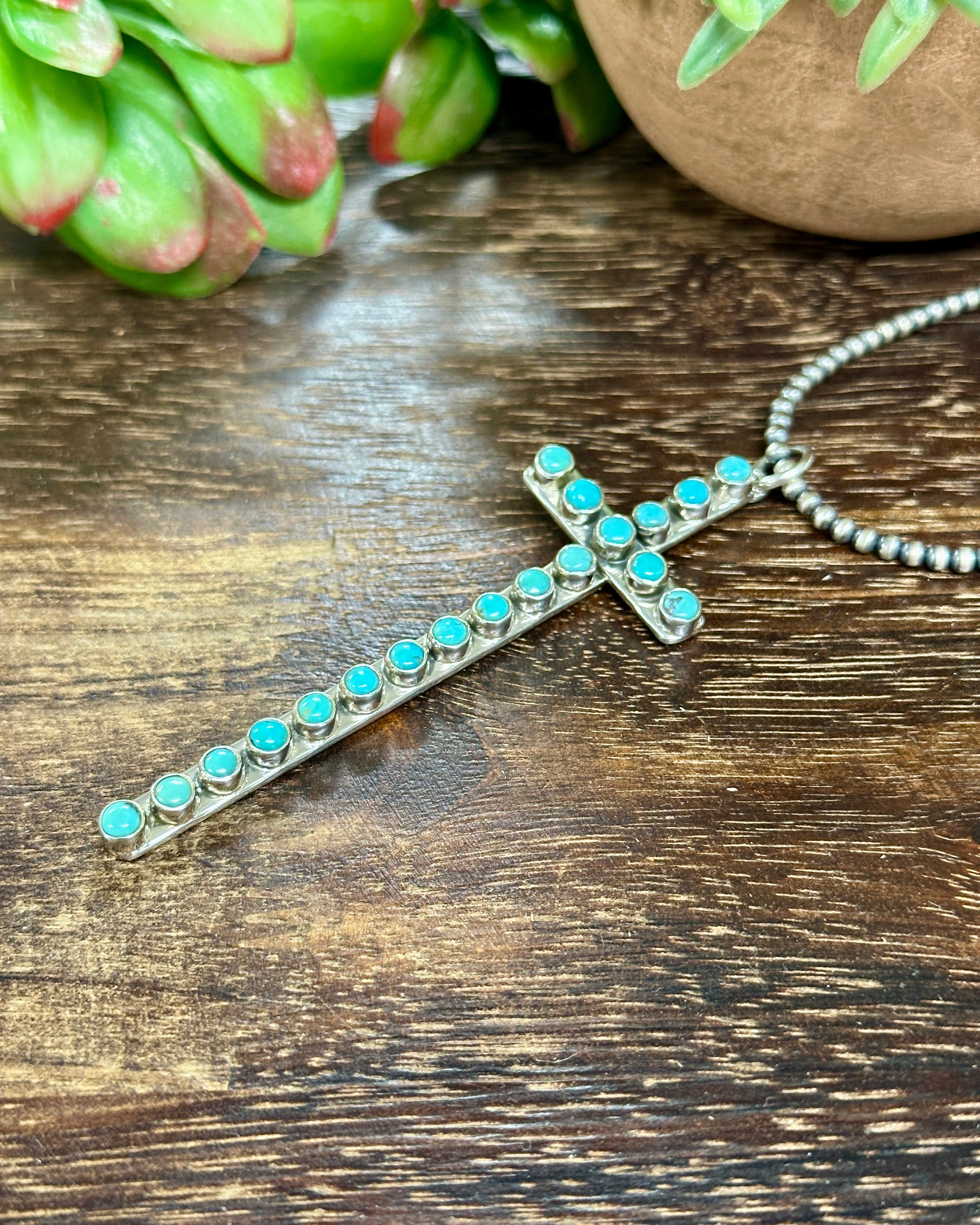 Southwest Handmade Kingman Turquoise & Sterling Silver Cross Pendant