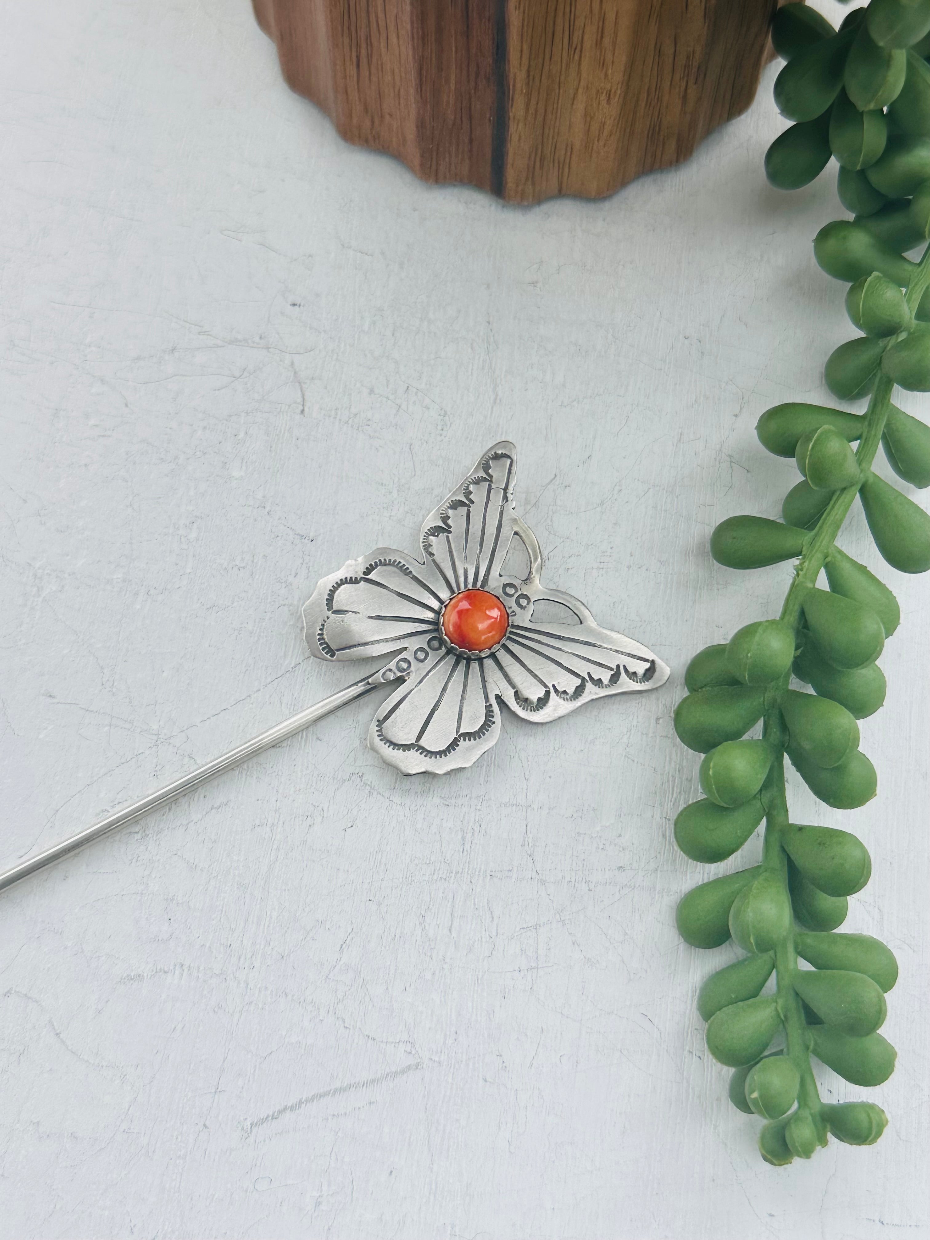 Navajo Handmade Spiny Oyster & Sterling Silver Butterfly Hair Pin