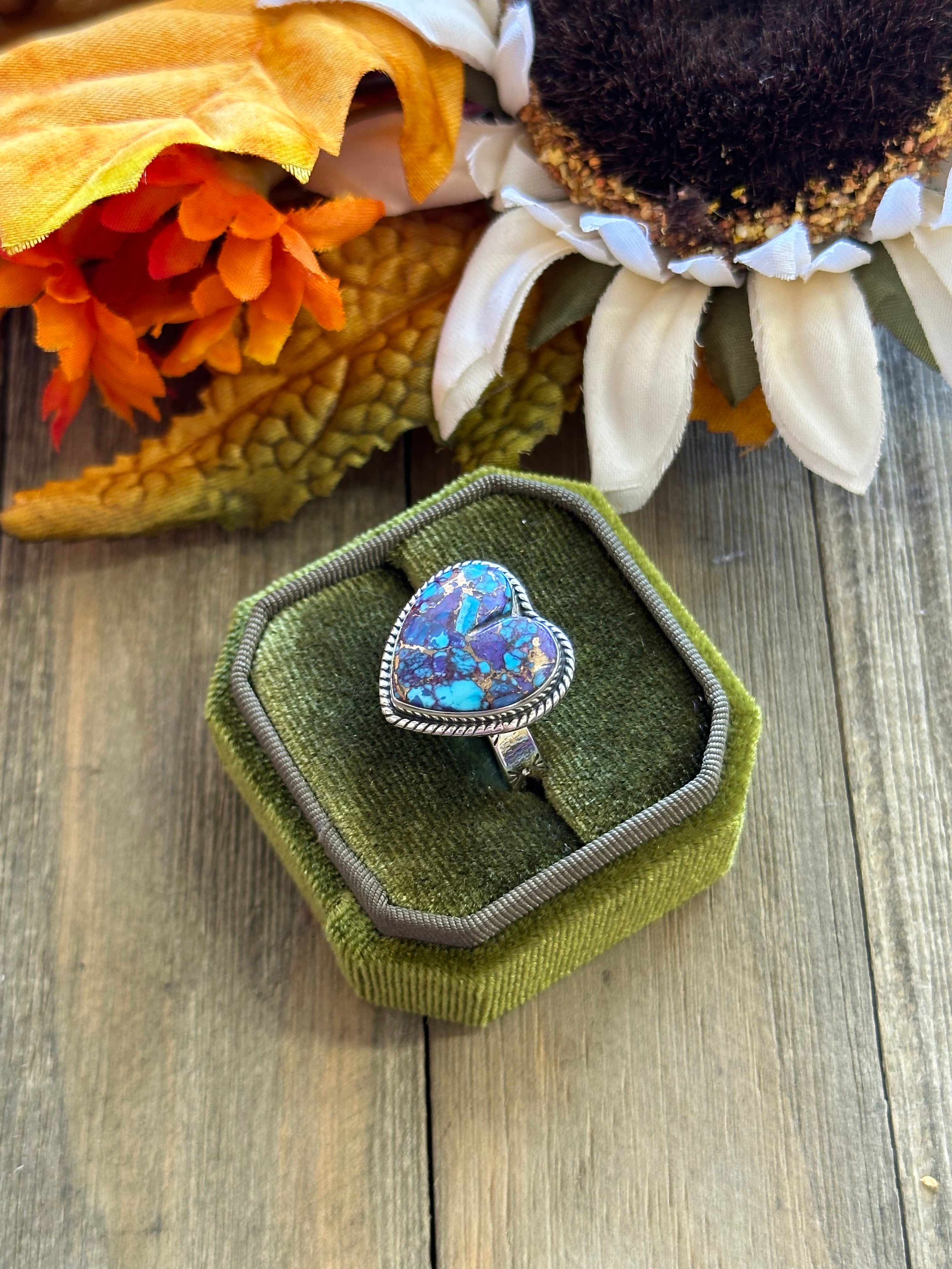 Southwest Handmade Mohave Turquoise & Sterling Silver Adjustable Heart Ring