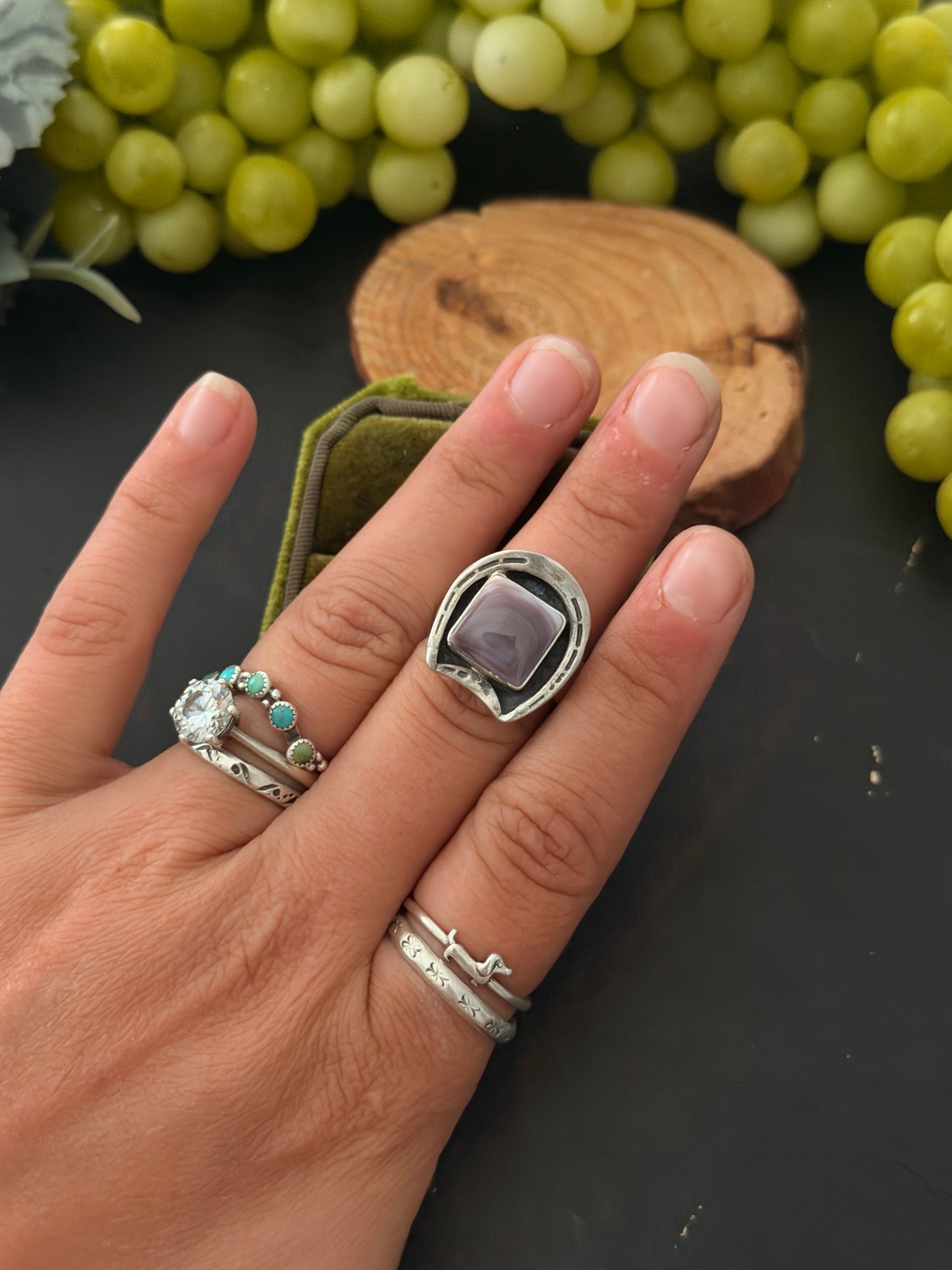 Navajo Made Purple Wampum Shell & Sterling Silver Adjustable Horse Shoe Ring