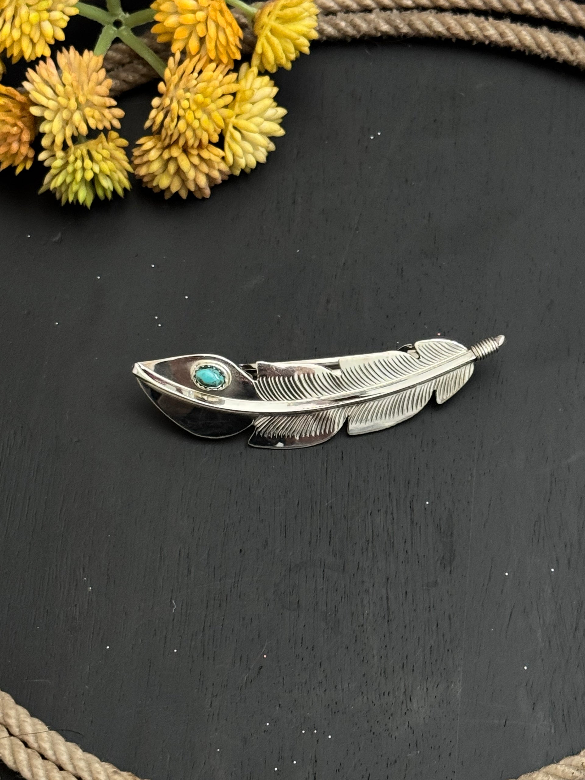 Navajo Made Kingman Turquoise & Sterling Silver Feather Hair Barrette