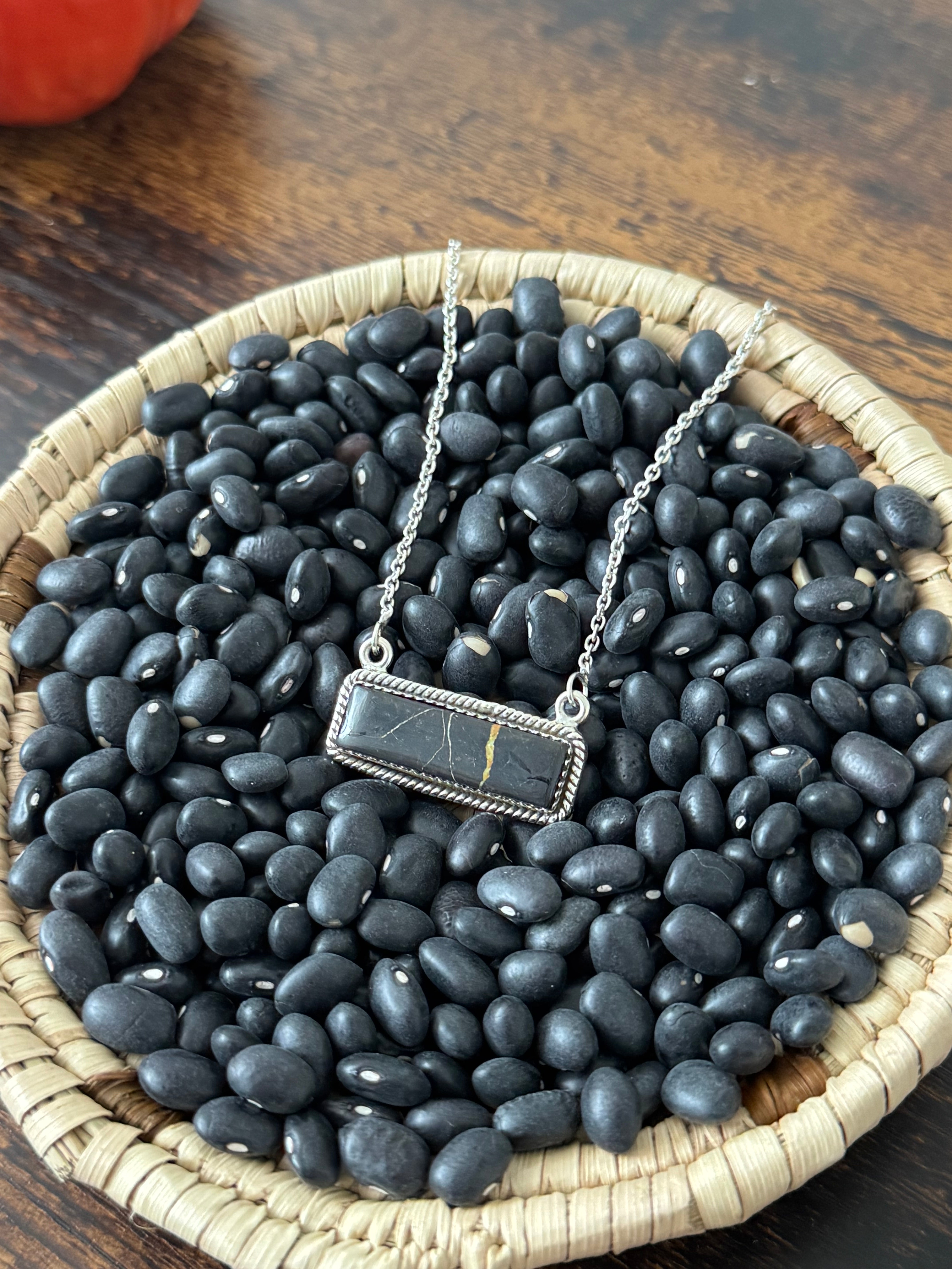 Southwest Handmade Black Jack Turquoise & Sterling Silver Bar Necklace